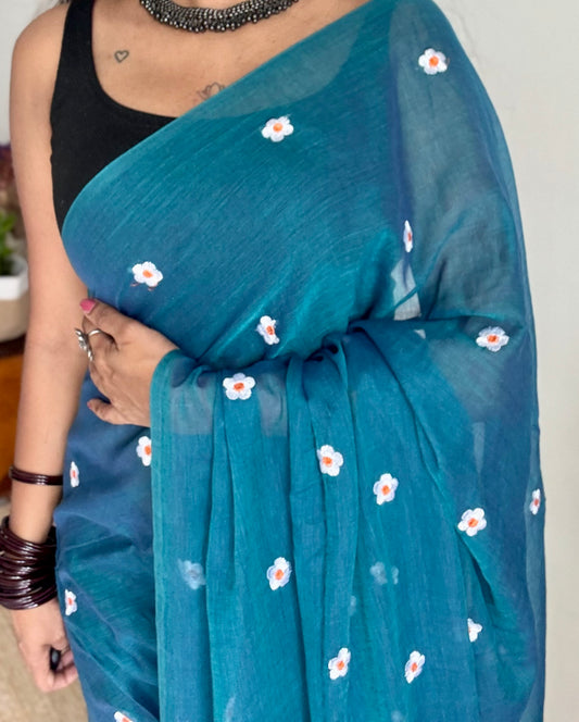 Peacock blue with white floral embroidered mul cotton saree  - YCBCMCAP43