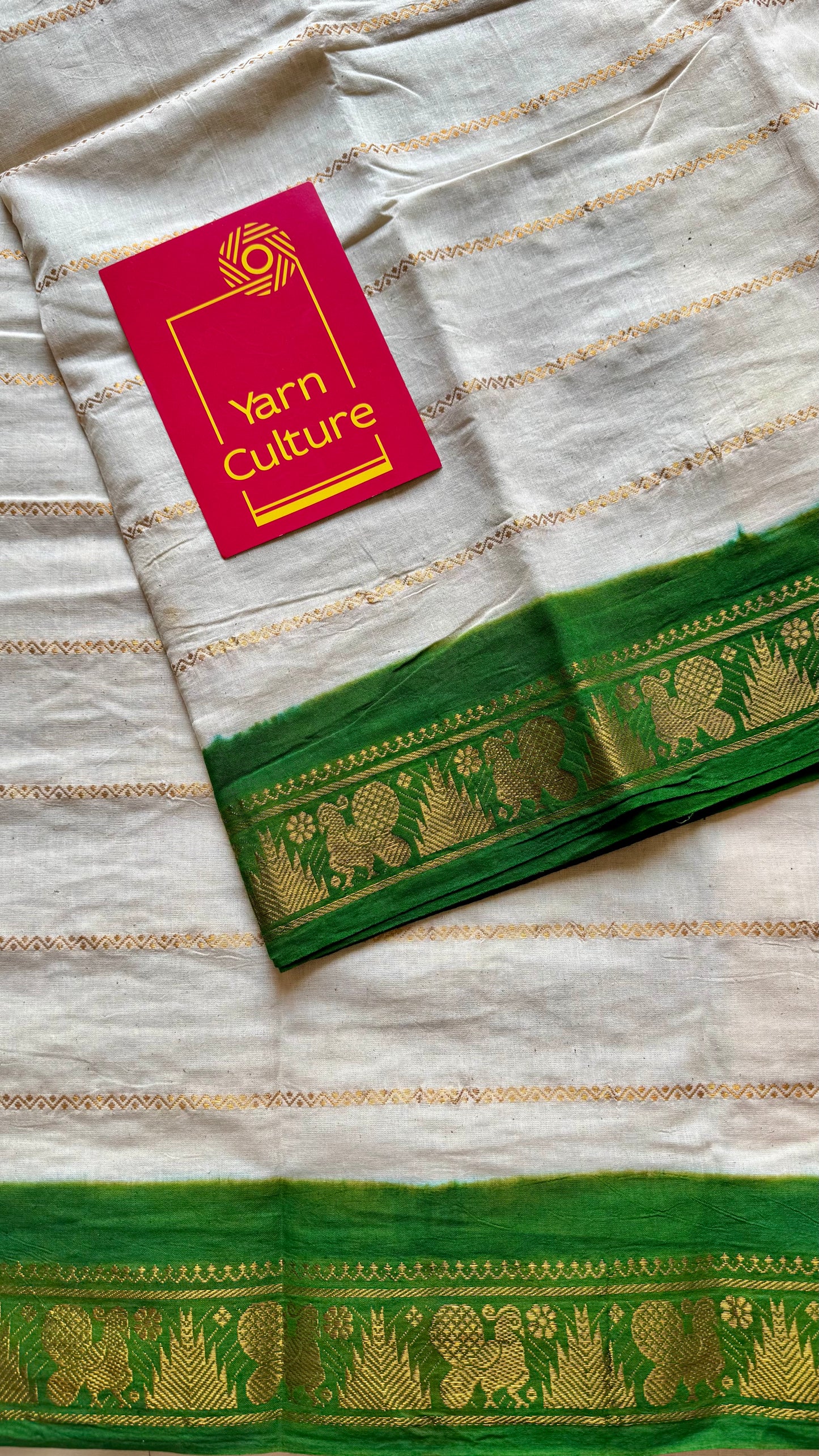 Ivory with green contrast velthaari sungudi, kattuchayam dyed madurai cotton - YCIEON104