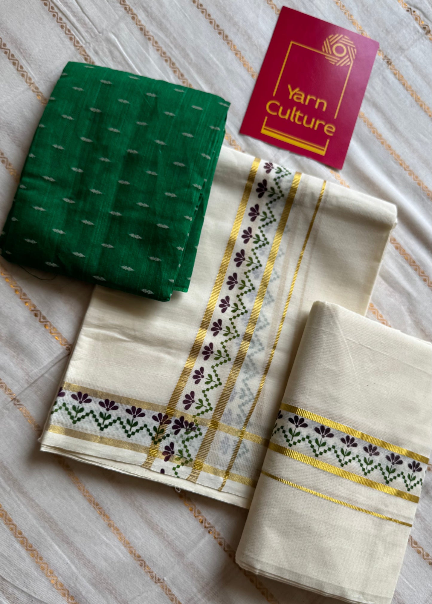 Set mund, purple and green flowers, gold kasavu gap border - YCIEON106