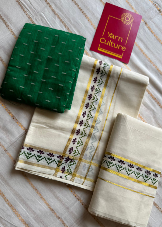 Set mund, purple and green flowers, gold kasavu gap border - YCIEON106