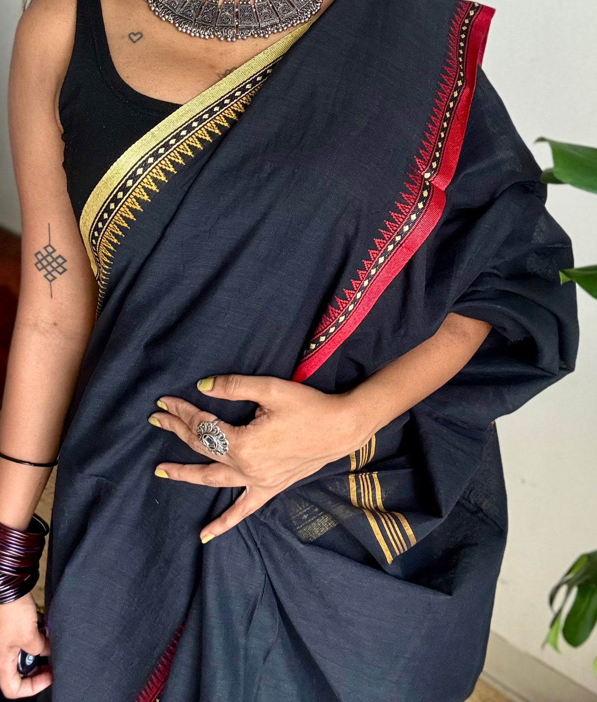 Handloom Bengal soft cotton saree, black with cream and red woven dual tone borders - YCBCMCSE42
