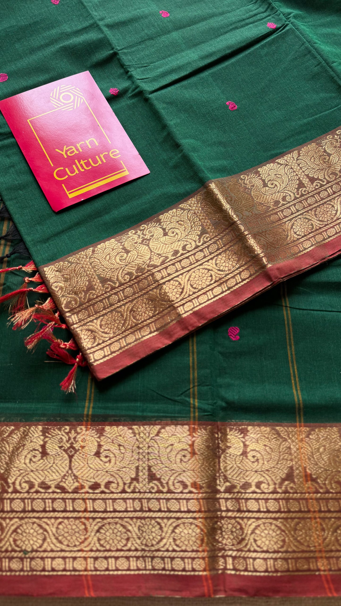 Dark green and brick red contrast, kanchi cotton saree - YCCOTNMA323
