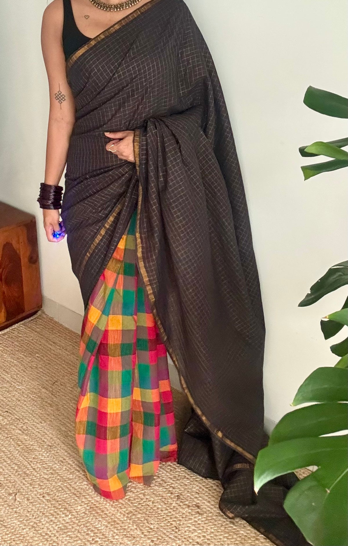 Black with multicoloured checks, cotton half-half saree - YCCOTNIDOC42