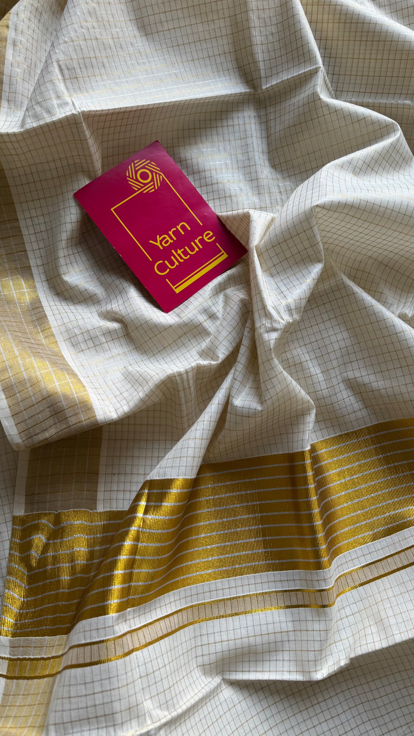 Ivory Kerala tissue cotton saree with silver and gold checks - YCIEKCFE308