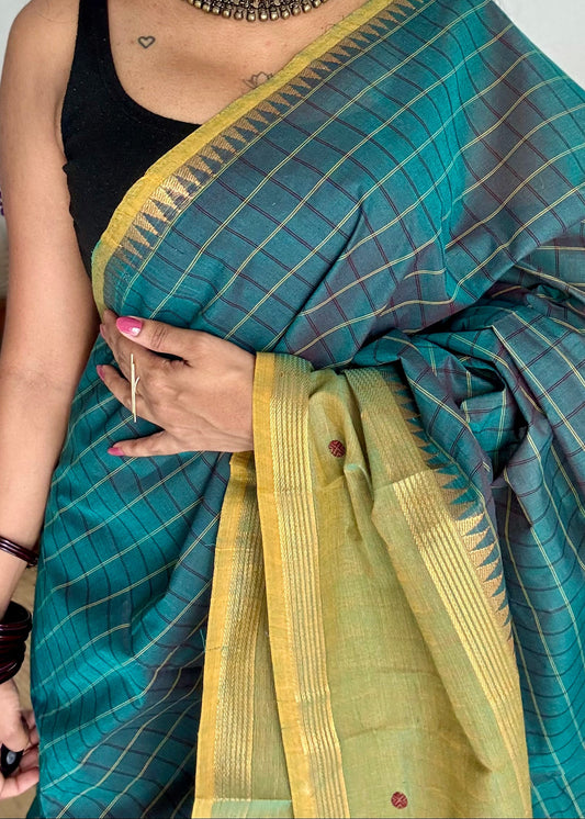 Dark teal and light green contrast, checkered Chettinad cotton saree - YCCOTNMA269