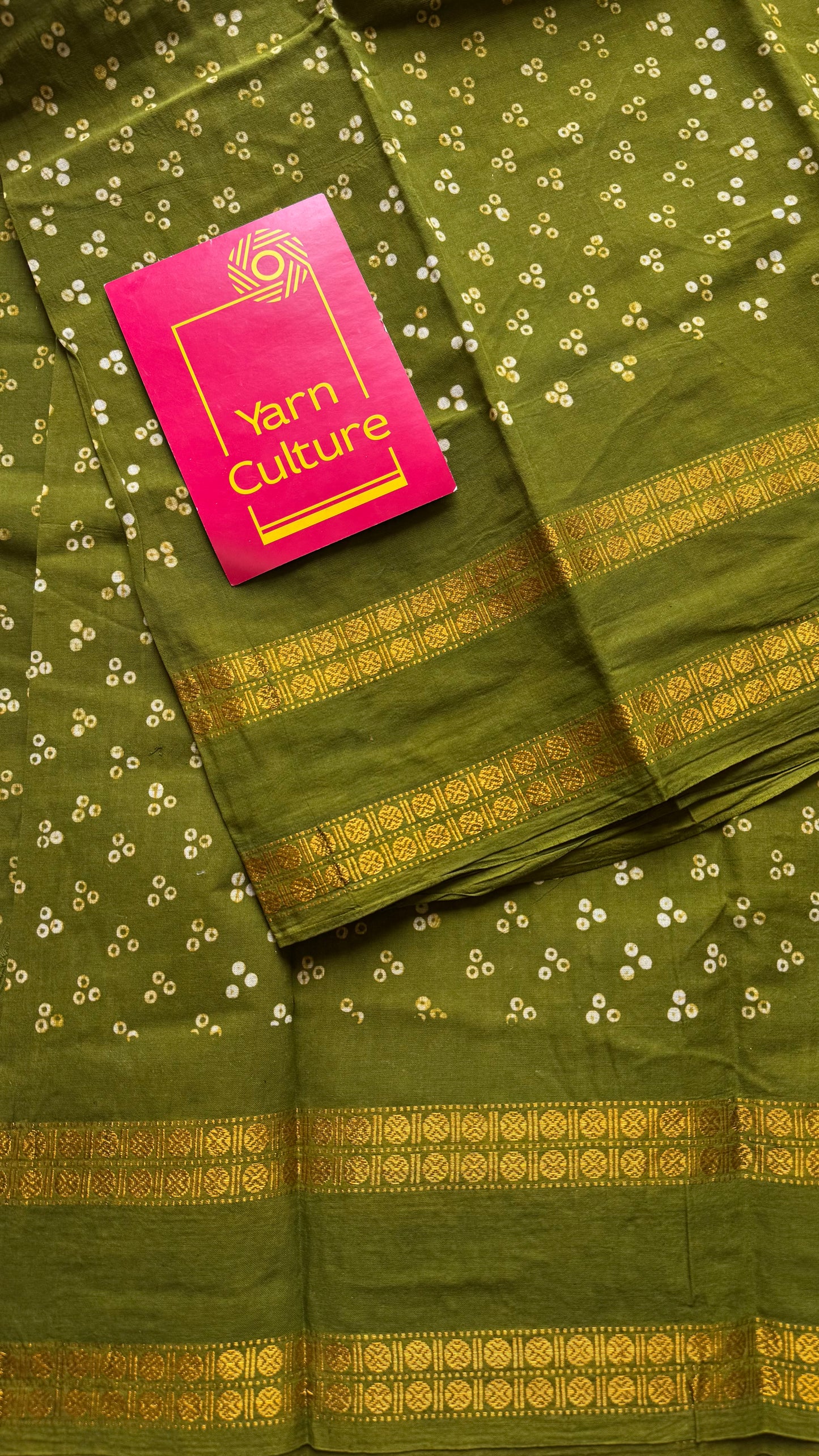 Green, wax dot printed sungudi, kattuchayam dyed madurai cotton - YCCOTNMSAP149