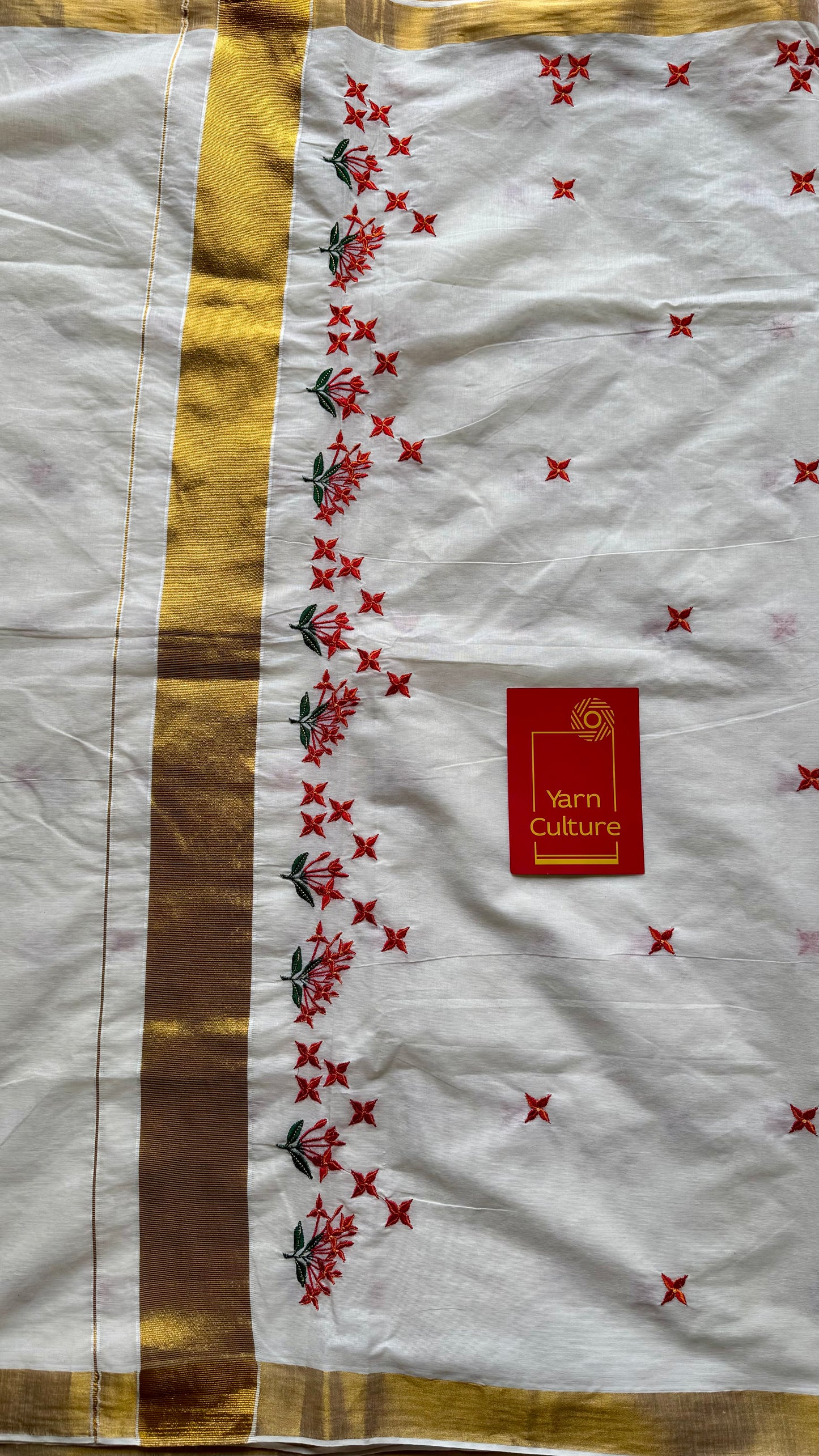 Nandana : Chethi/Thechi - orange red floral embroidery, ivory & gold, soft cotton - YCIEON165