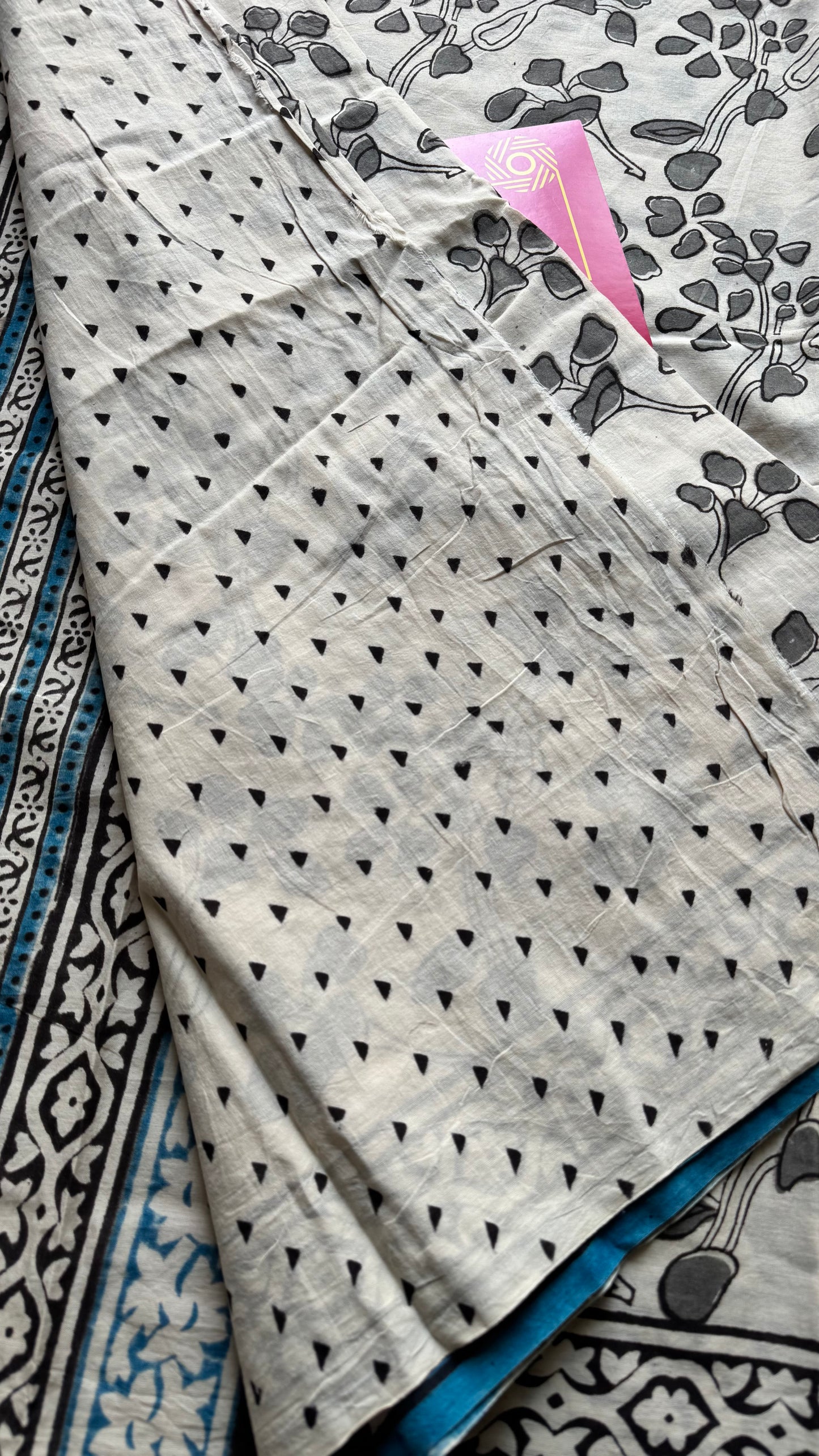Beige with grey flowers, blue border, block printed soft cotton saree - YCTORCMA14