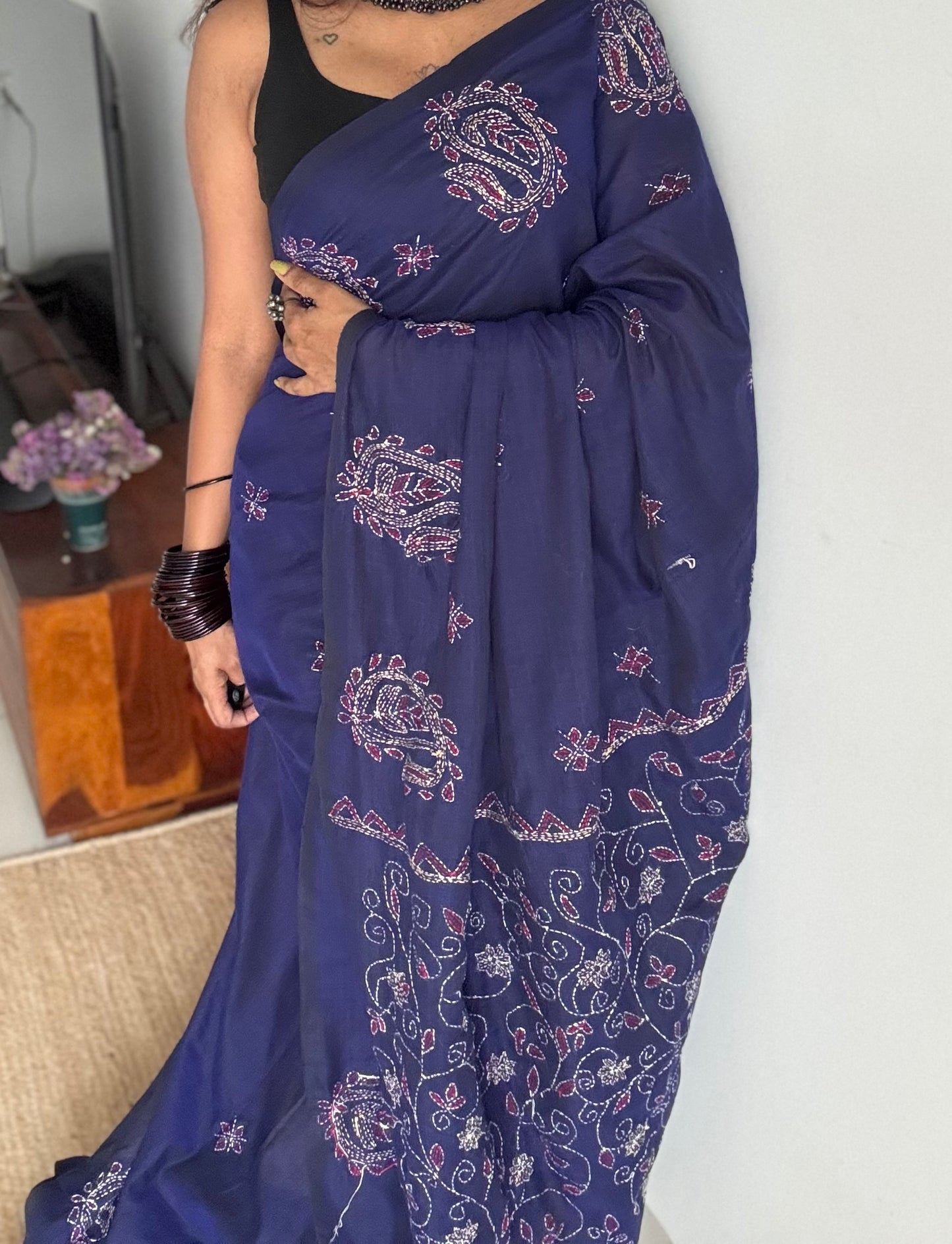 Embroidered blue kantha weave in soft cotton - YCBCKKJA143