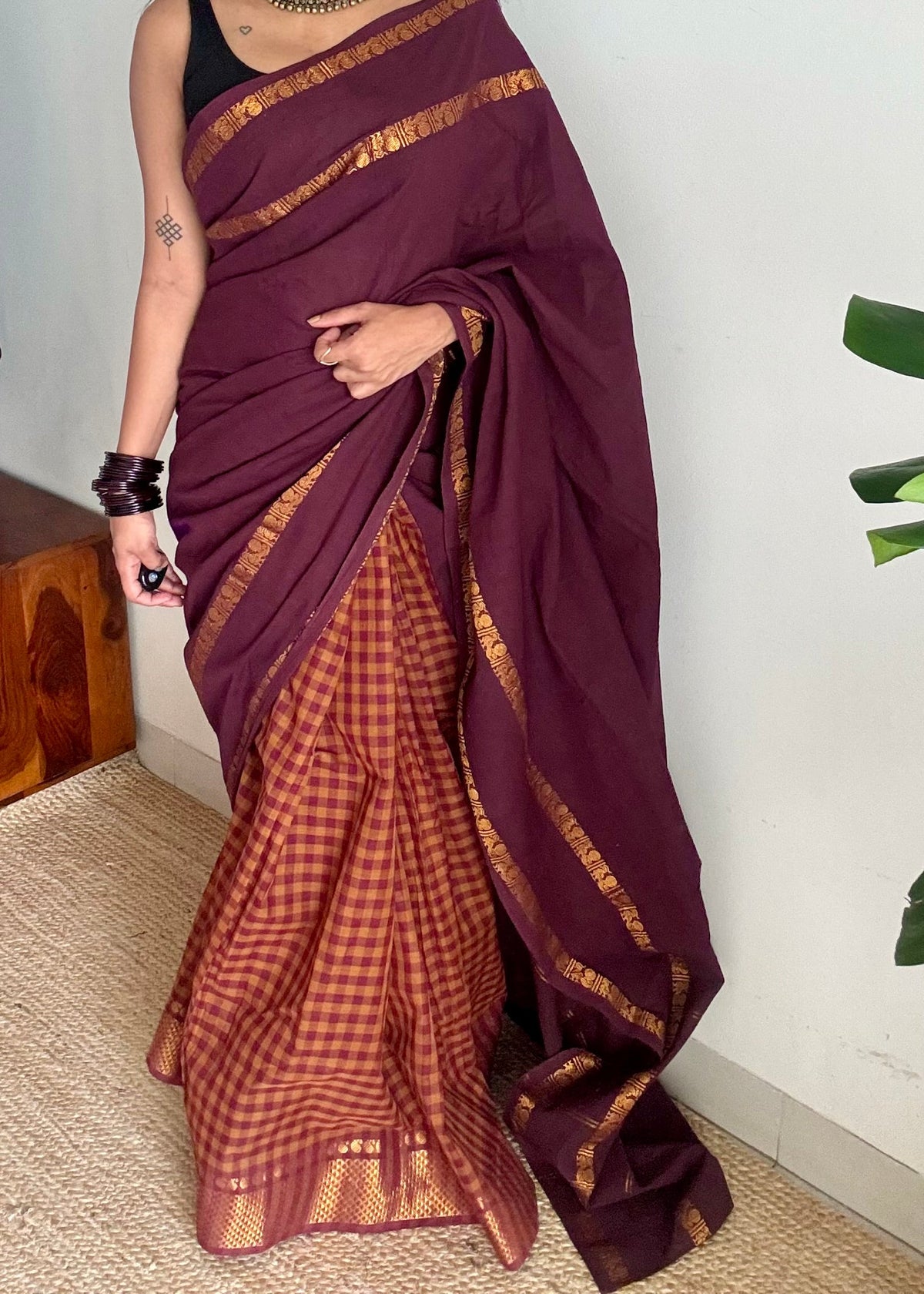 Maroon and rust orange with maroon, sungudi and chettinad cotton half-half saree - YCCOTNIDOC40