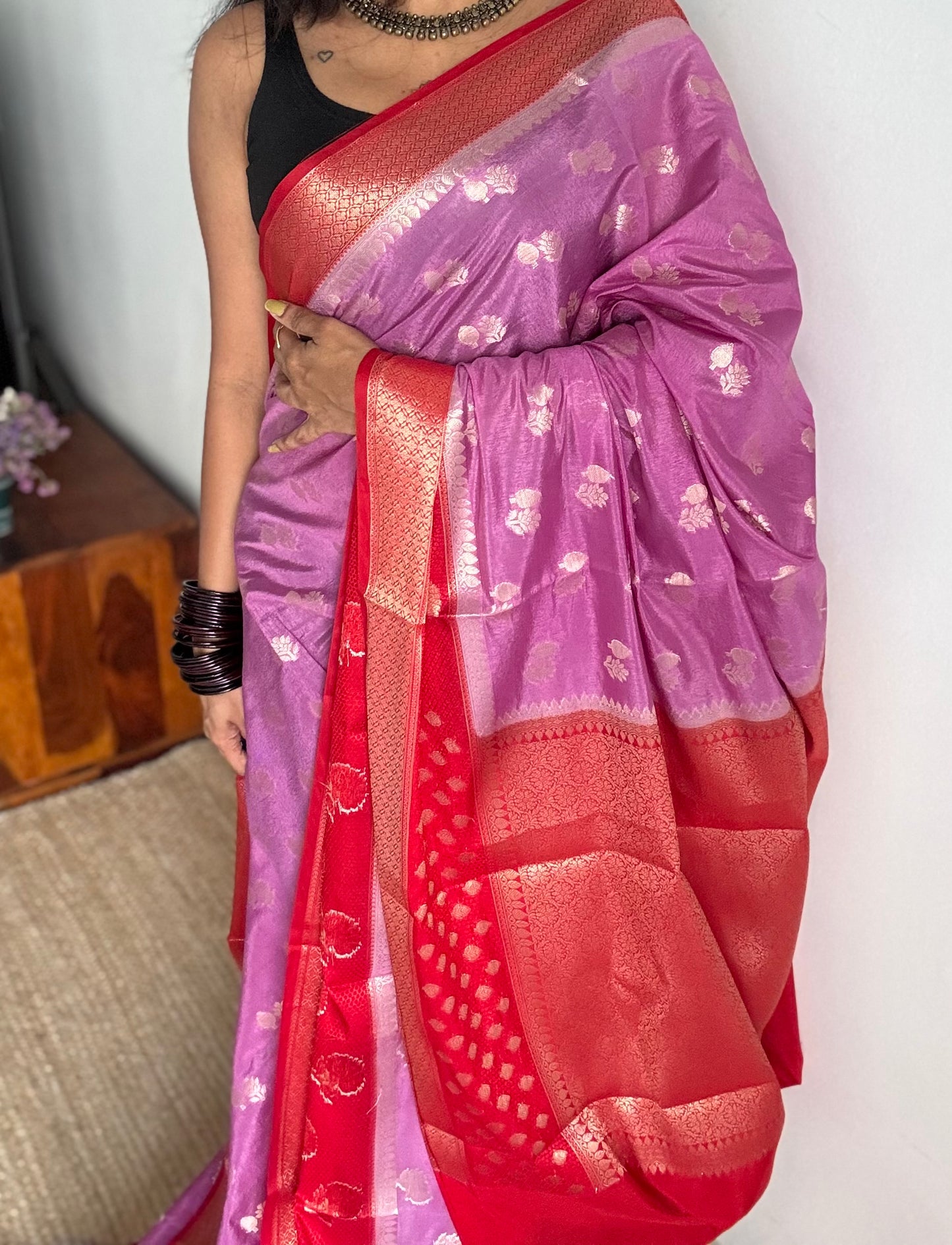 Lilac with red border, semi dupion silk - YCBLSSJA26