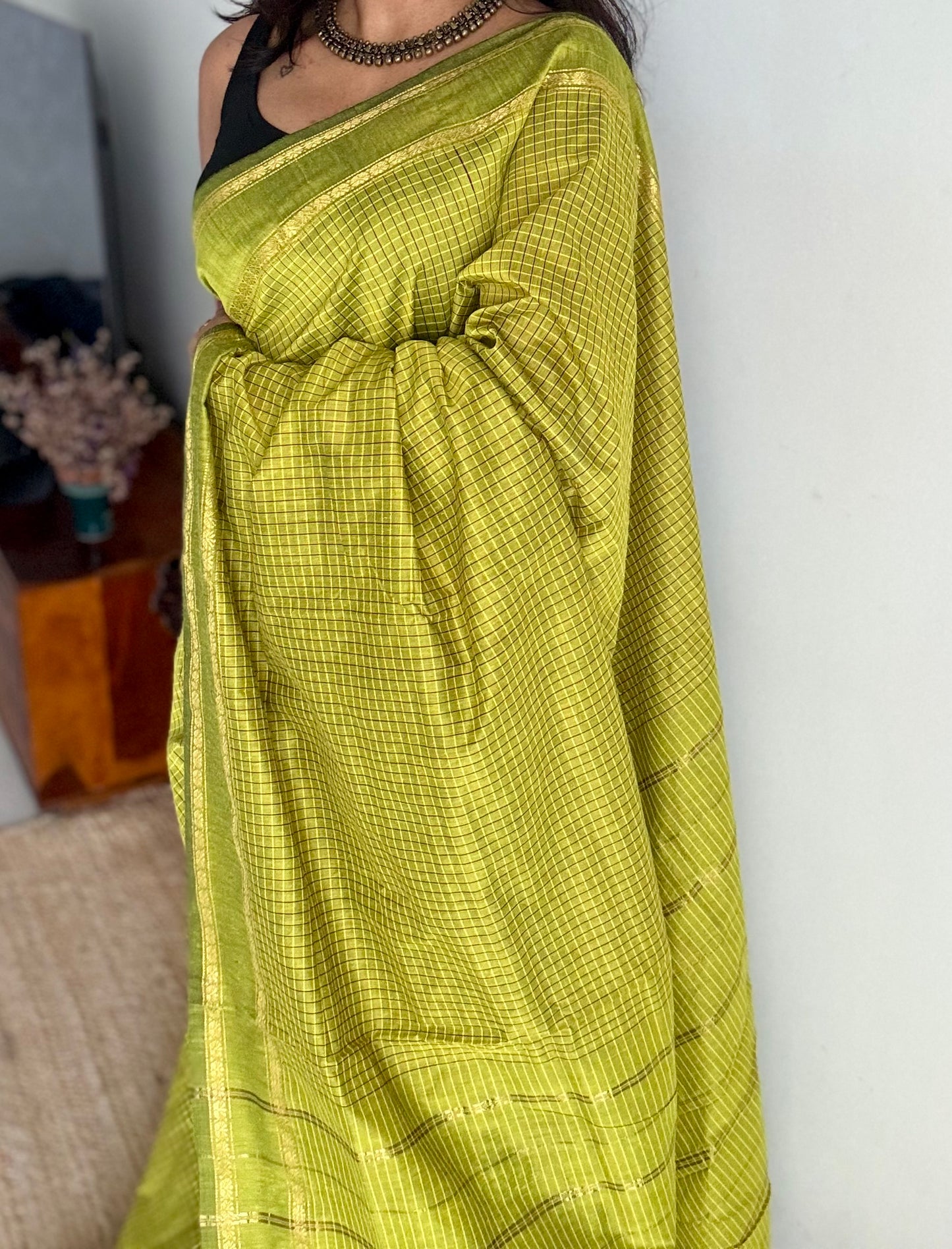 Olive Green, Arani checks, cotton silk - YCCOTNOCAR04