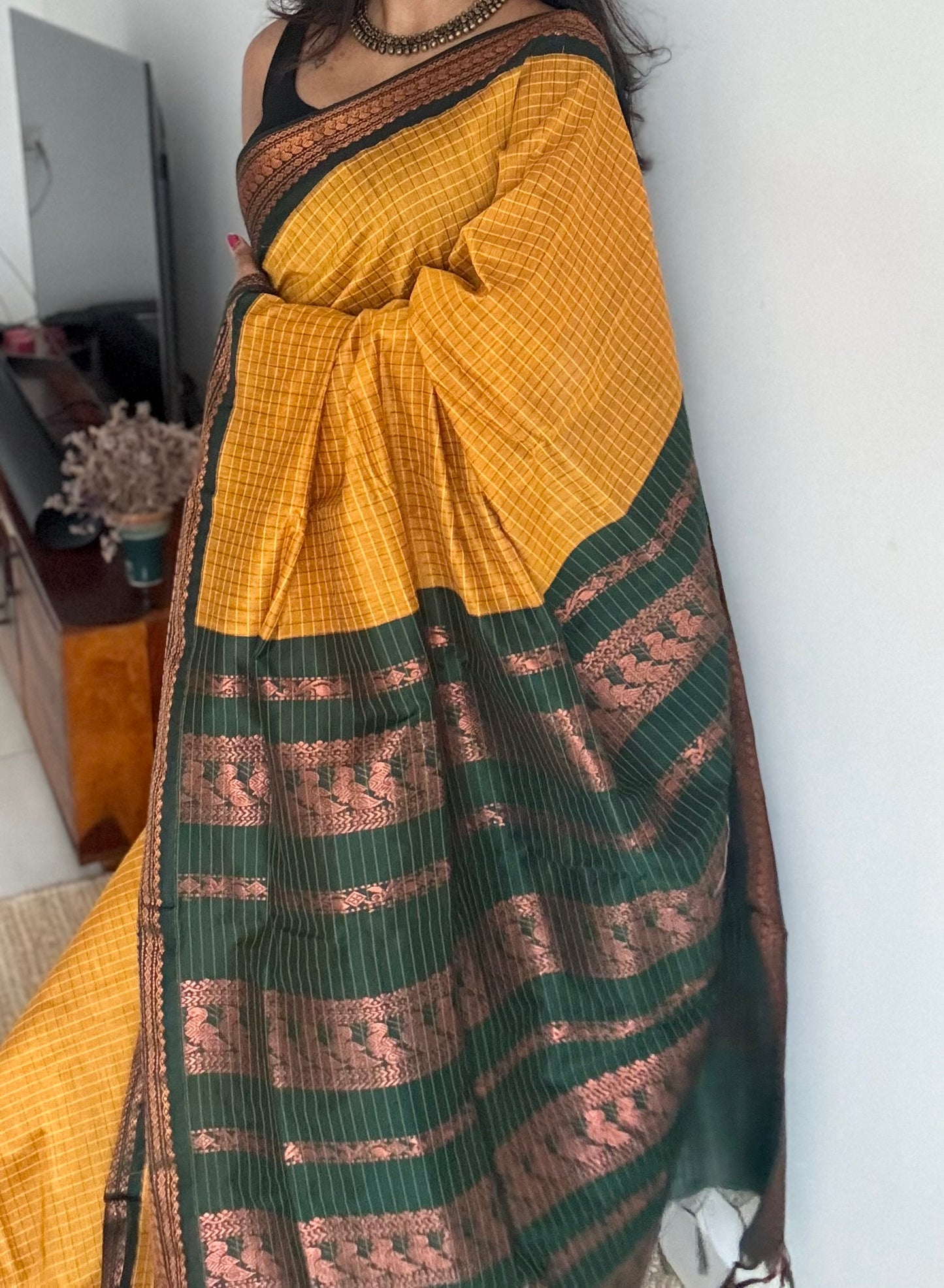 Mustard yellow with dark green checkered saree, cotton silk - YCCOTNKCFE67