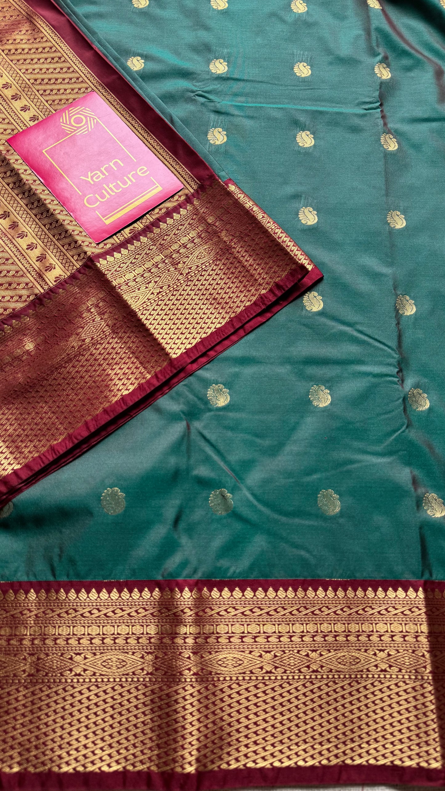 Harini - Emerald green with maroon, handloom korvai semi silk - YCCOTNFEJUKS07