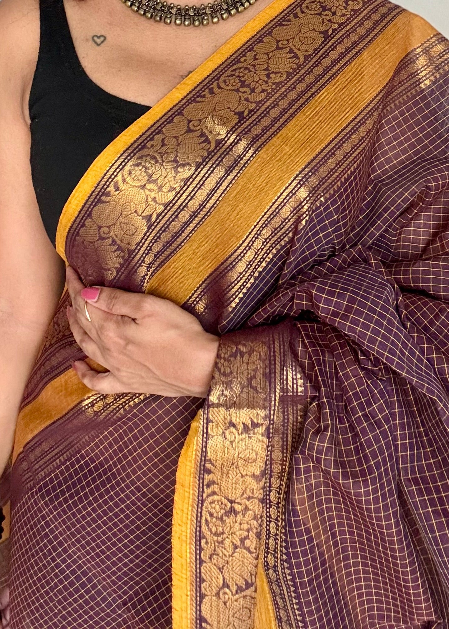 Kanchi cotton saree, dark brown checks with korvai border - YCCOTNAP73