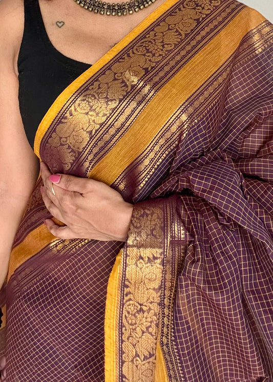 Kanchi cotton saree, dark brown checks with korvai border - YCCOTNAP73