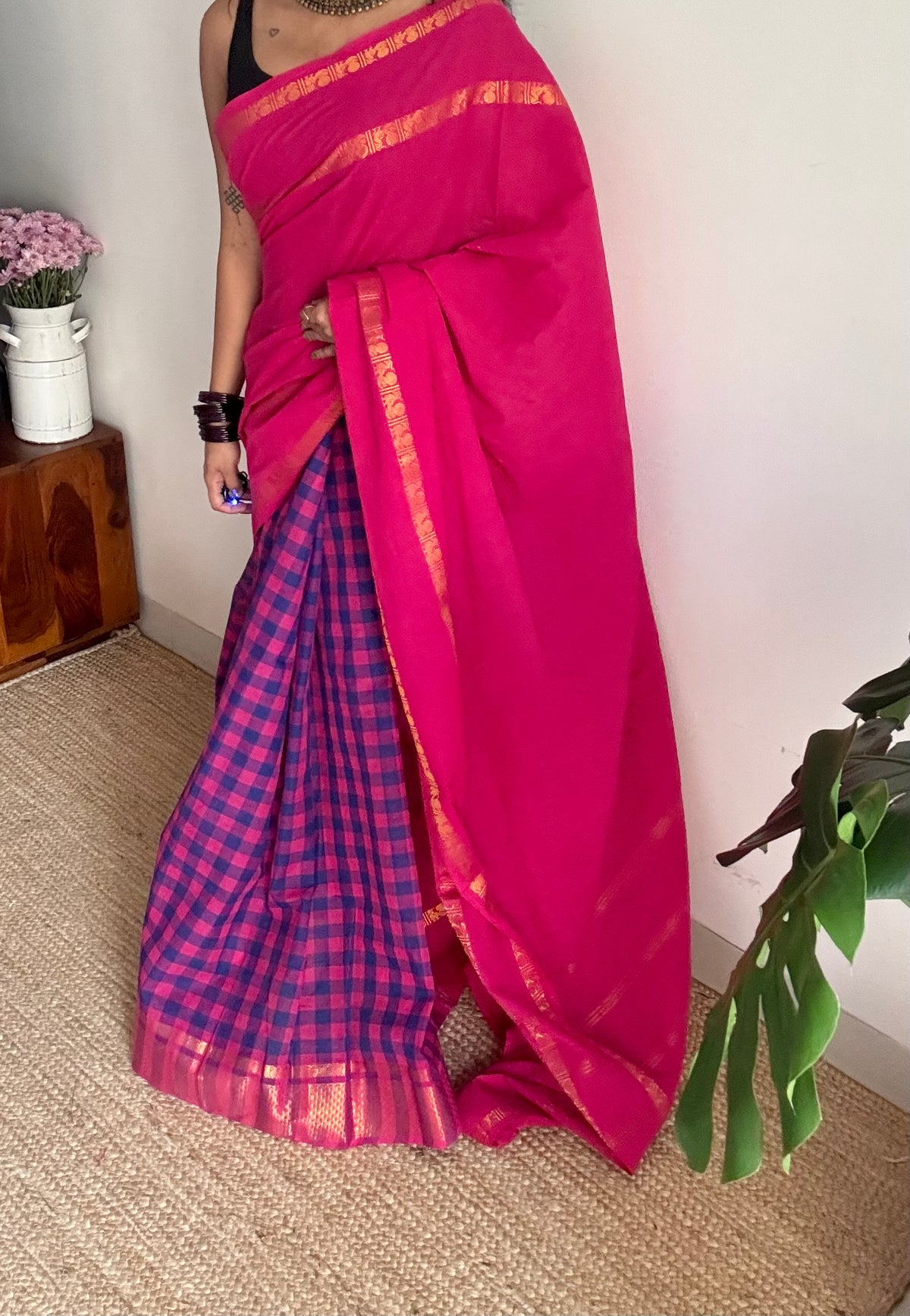 Hot pink with multicoloured checks, sungudi and chettinad cotton half and half saree - YCCOTNIDOC147