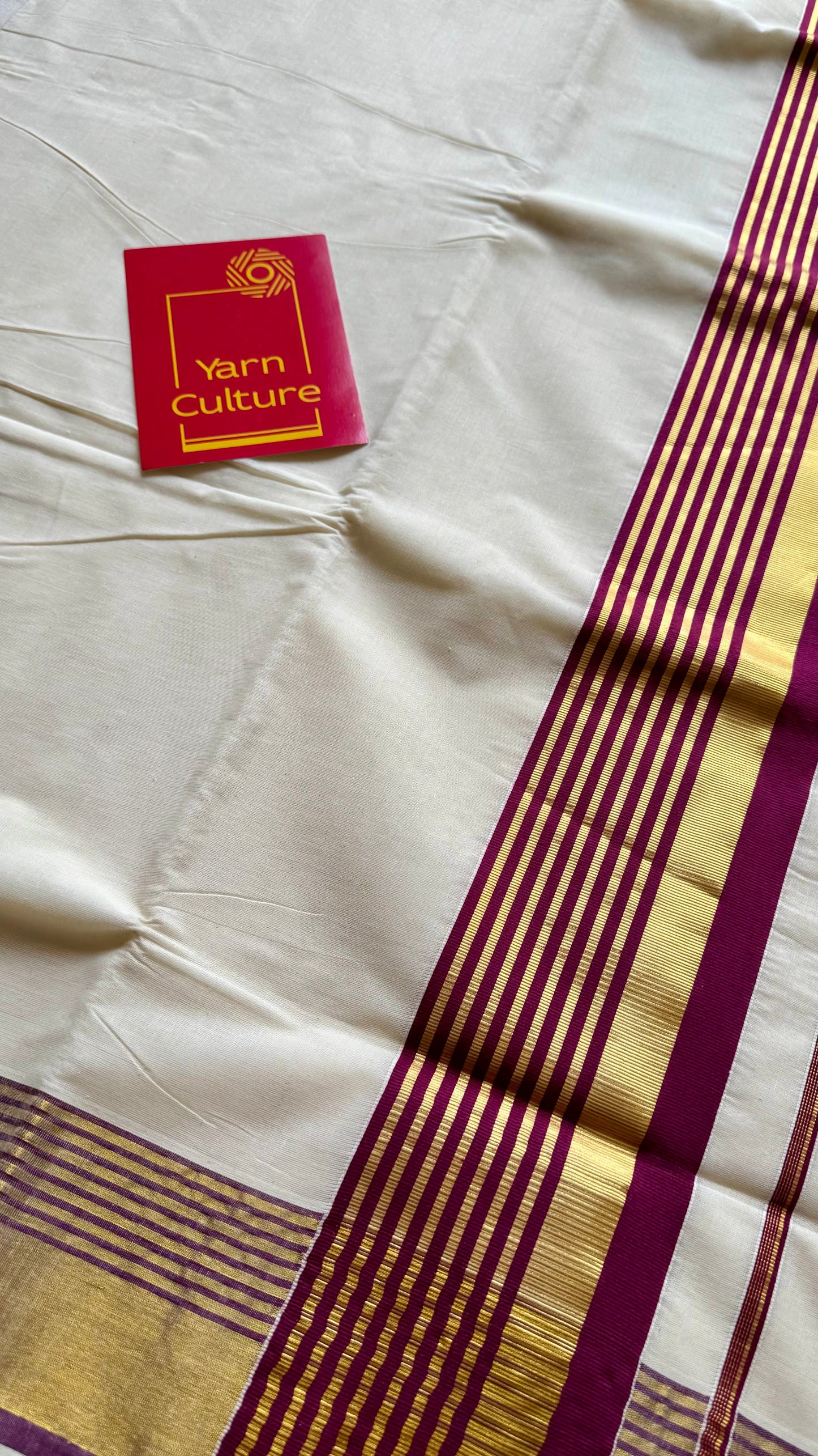 Ivory and gold soft cotton saree, purple border - YCIEON76