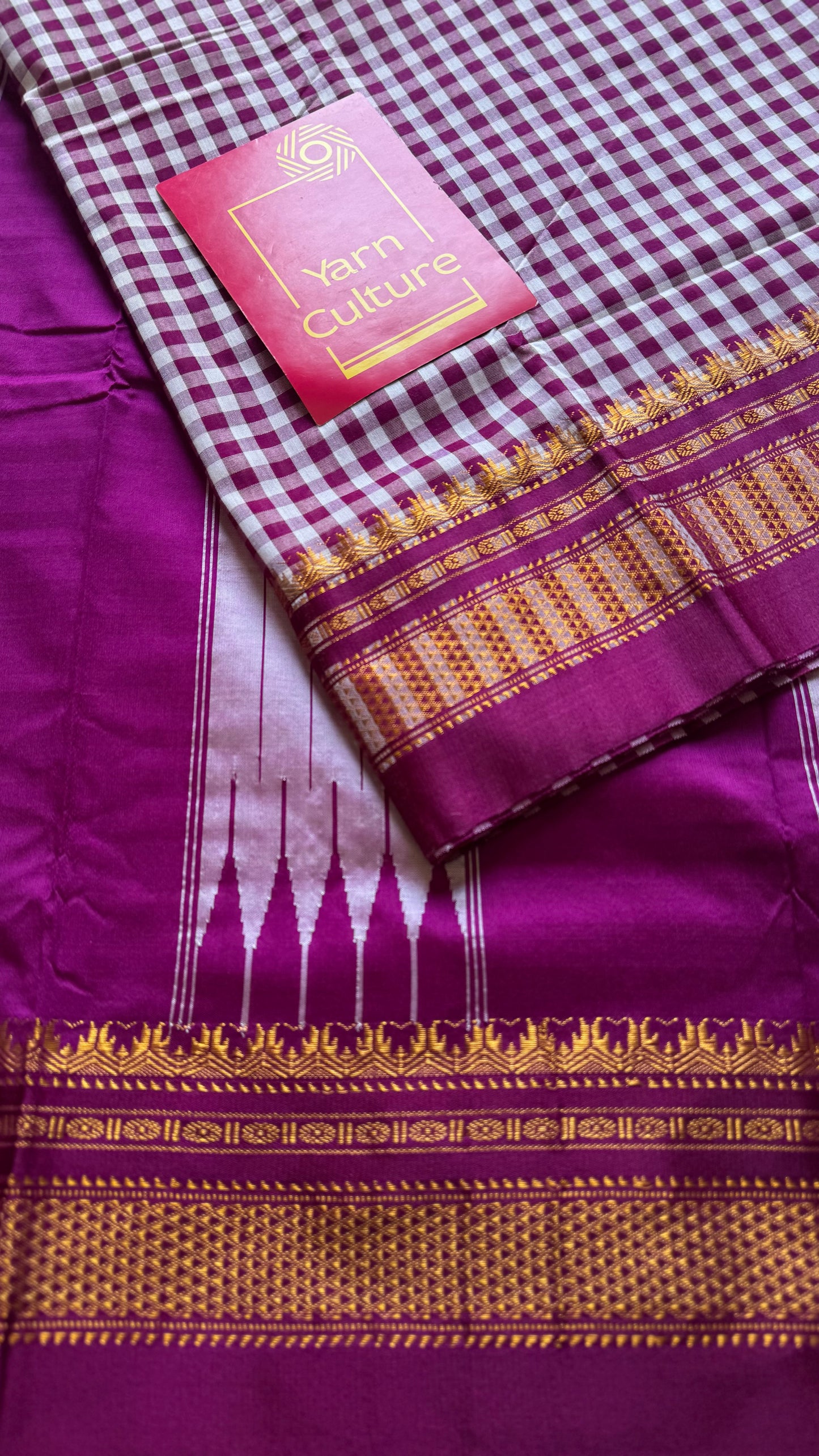 llkal purple pink and white checks with chikki paras border, soft cotton with art silk blend - YCLOKICAP226
