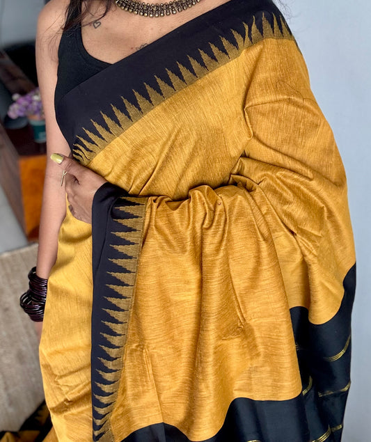 Turmeric yellow with black temple border, cotton silk - YCCOTNCSDE94