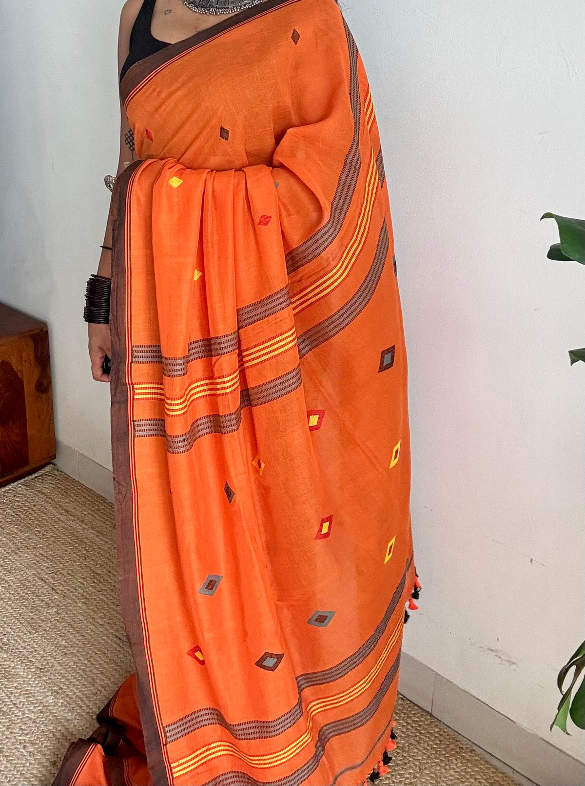 Handloom Bengal soft cotton saree, orange with woven buttas and brown borders - YCBCMCSE36
