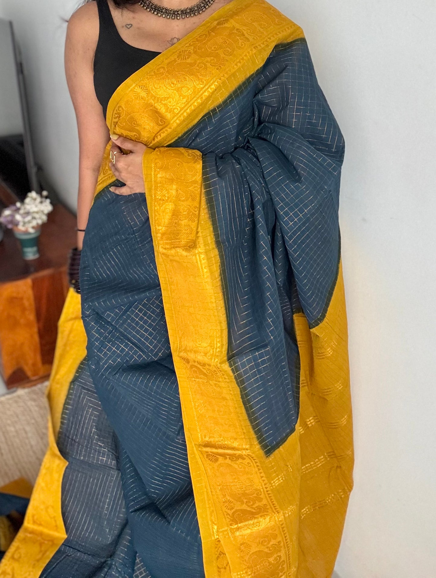 Dark teal with turmeric yellow, checkered with zari border, sungudi cotton - YCCOTNSUDE48