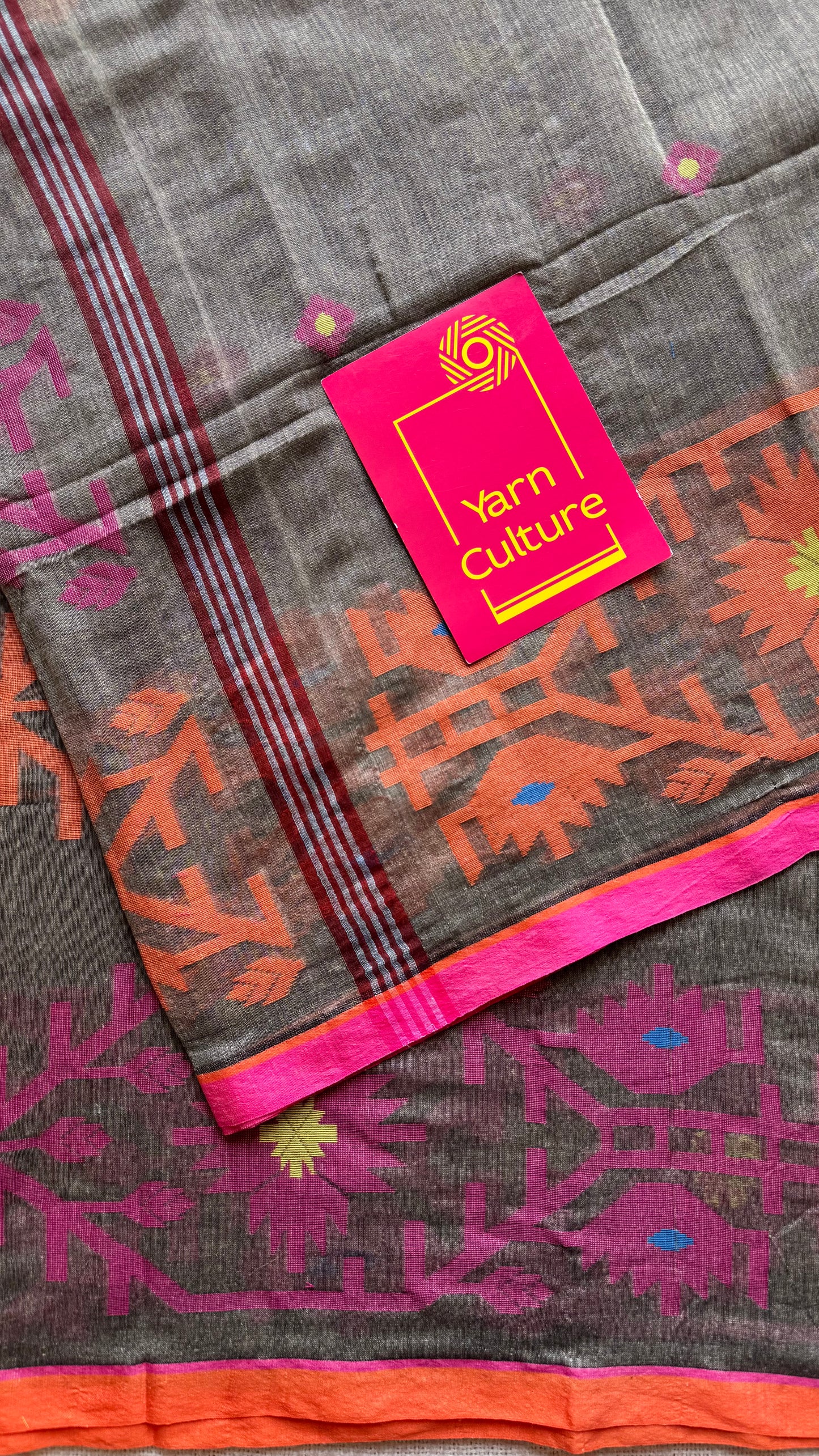 Grey with pink and orange jamdani saree in mul cotton - YCBCJDFE381