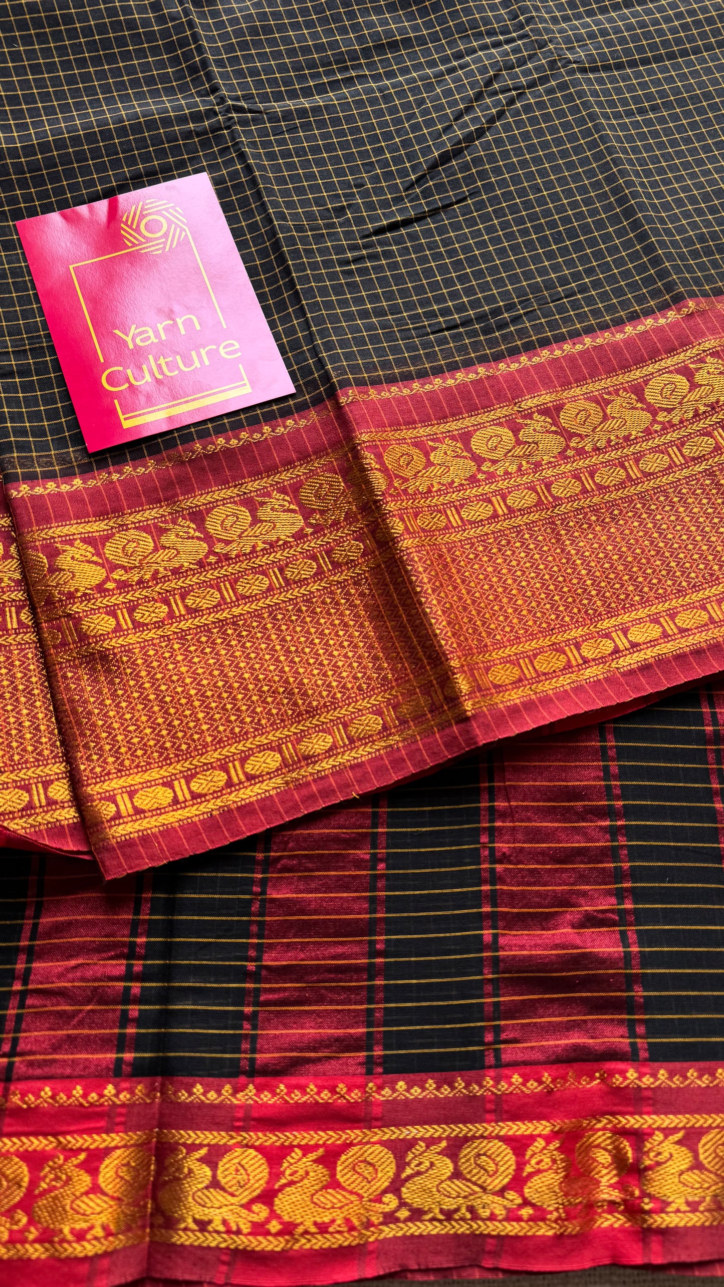 Black checks with red zari border, premium narayanpet, soft cotton - YCWOTDNPCFE20