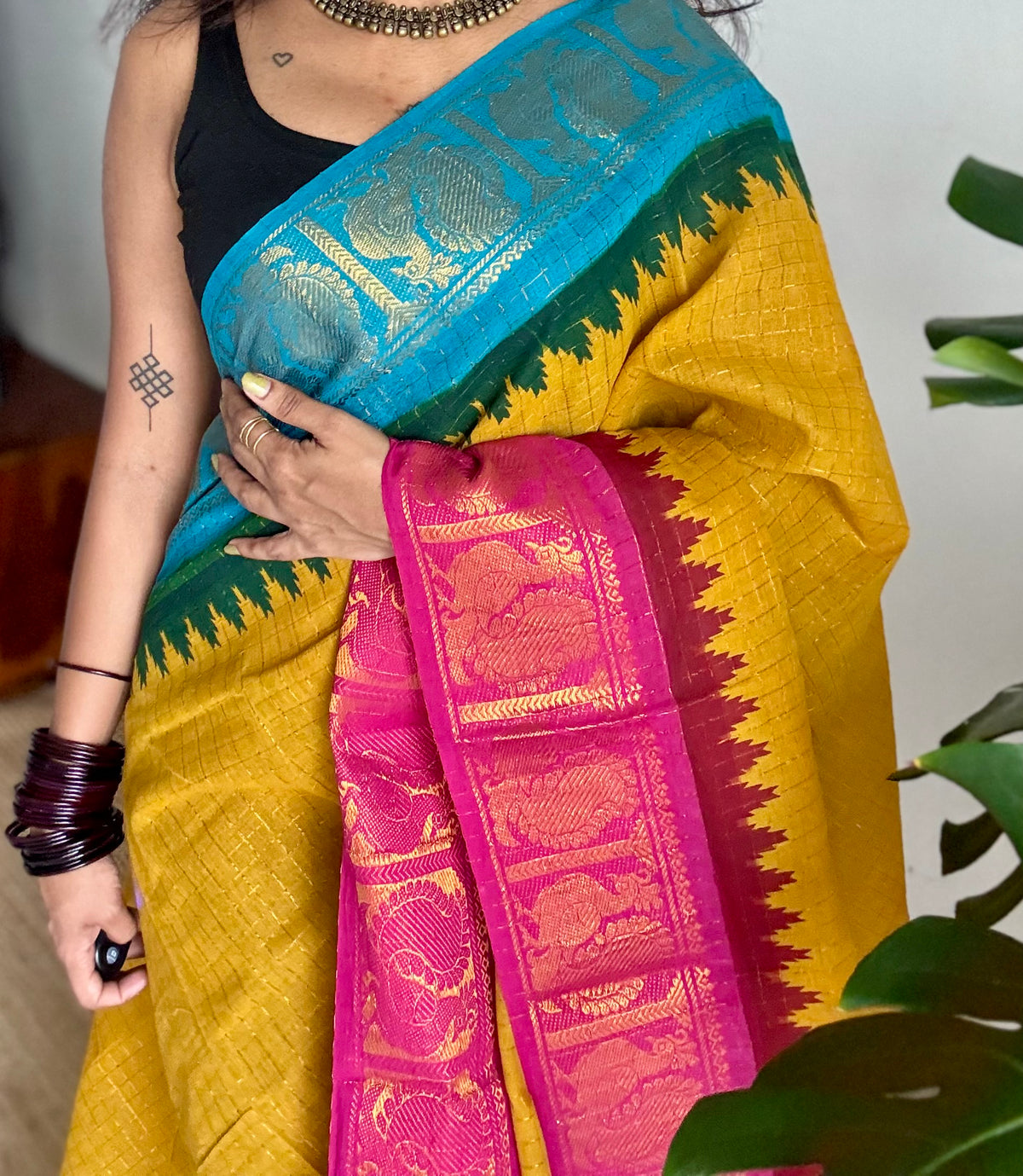 Sungudi cotton checks, mustard yellow base, blue and hot pink dual tone border, soft cotton - YCCOTNMSSE10