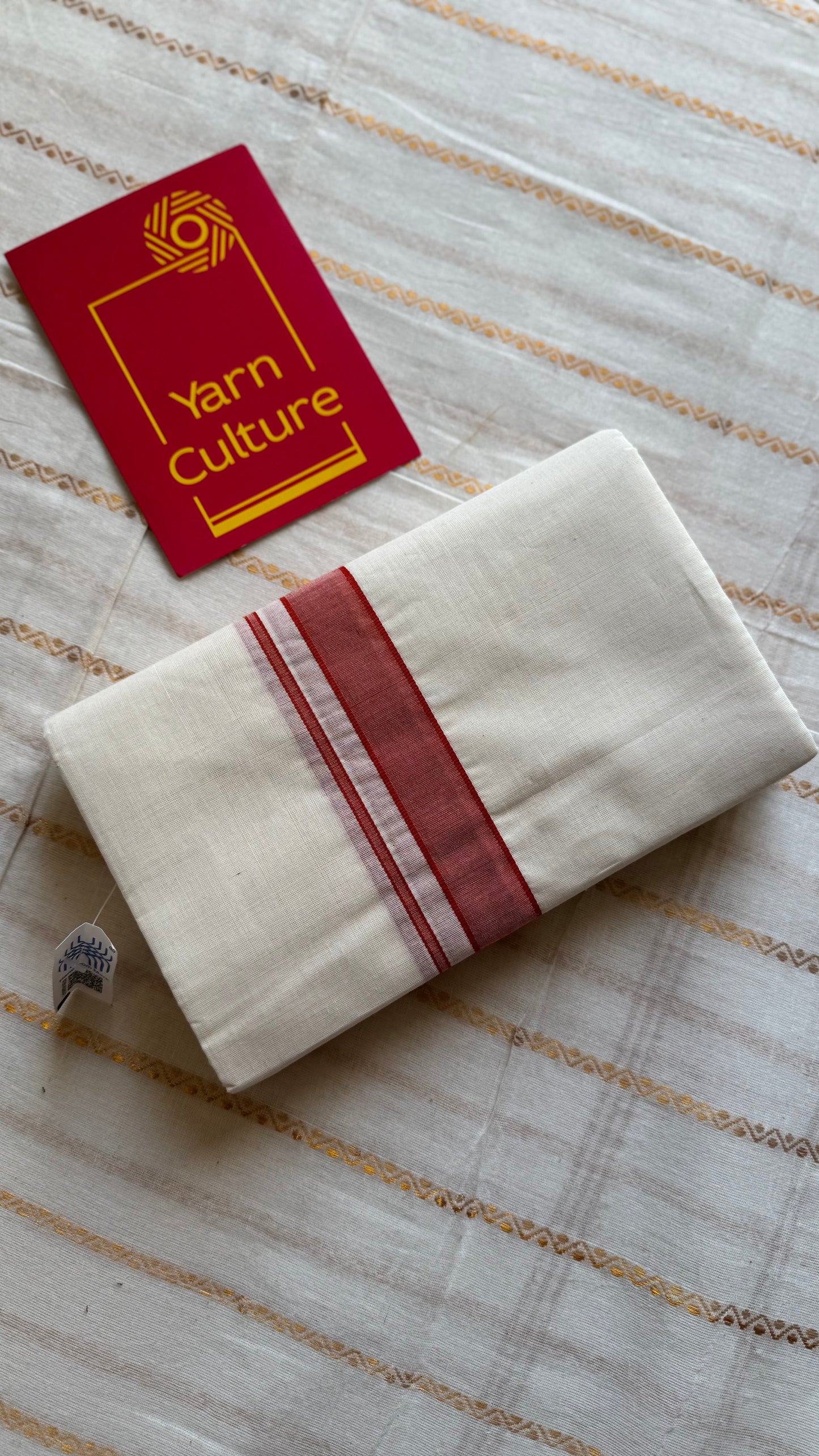 Ivory Chendamangalam Handloom Double Mundu with Red Kara | Soft Cotton Men's Dhoti - YCMSEIE175