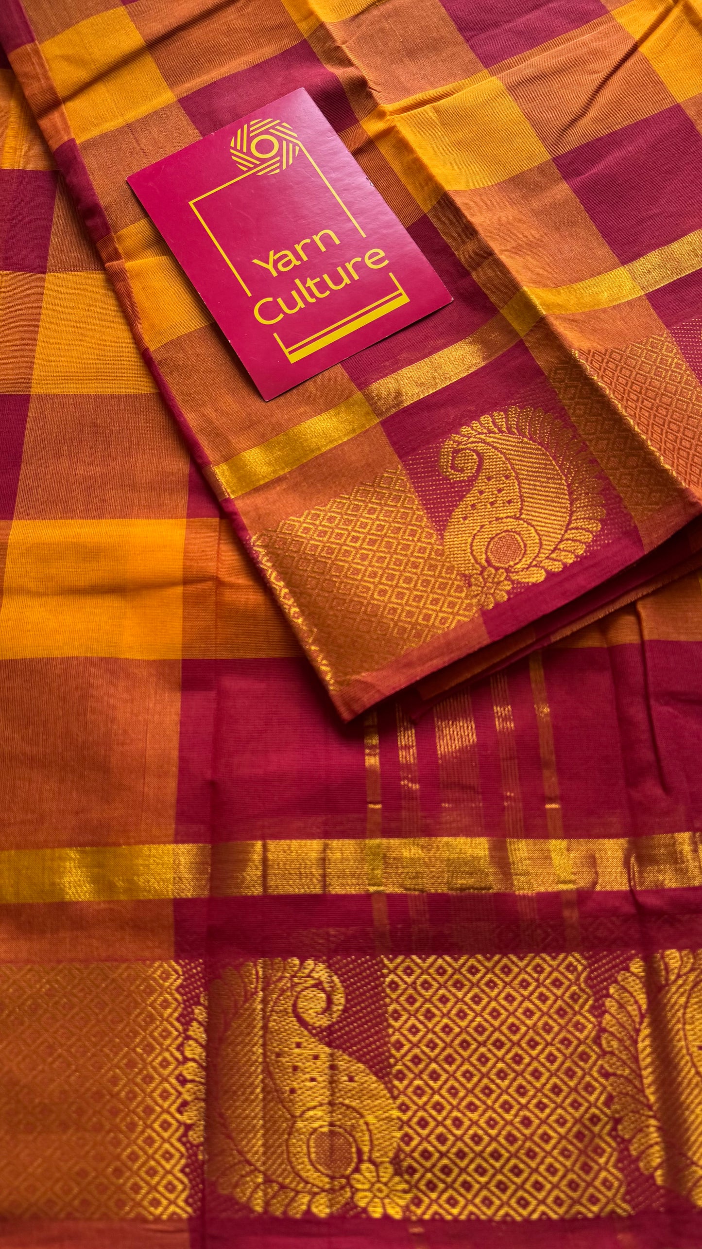 Chettinad cotton saree with yellow and red checks, paisley motif border - YCCOTNAP64