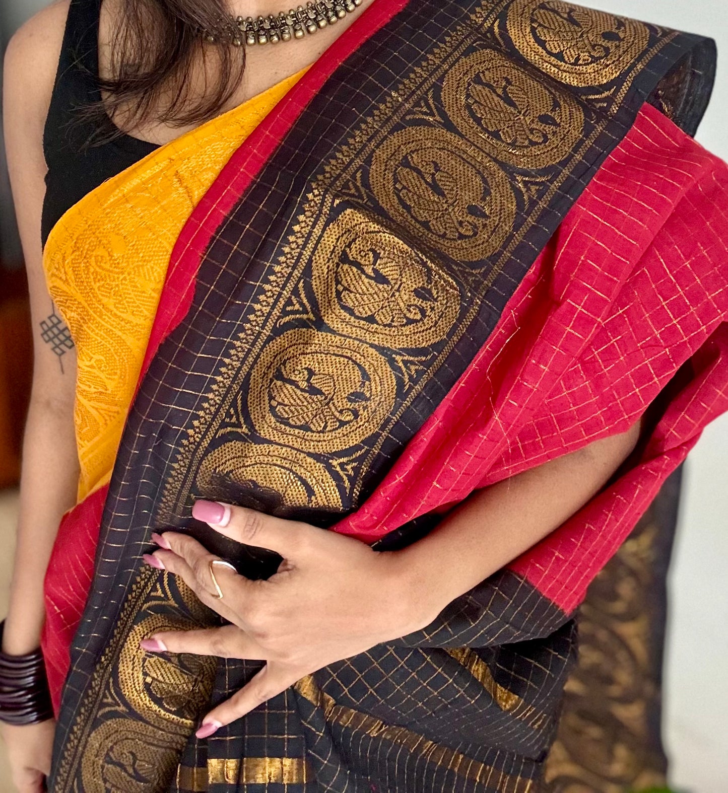 Sungudi cotton checks, red base, yellow and black dual tone border, soft cotton - YCCOTNMSJUL10