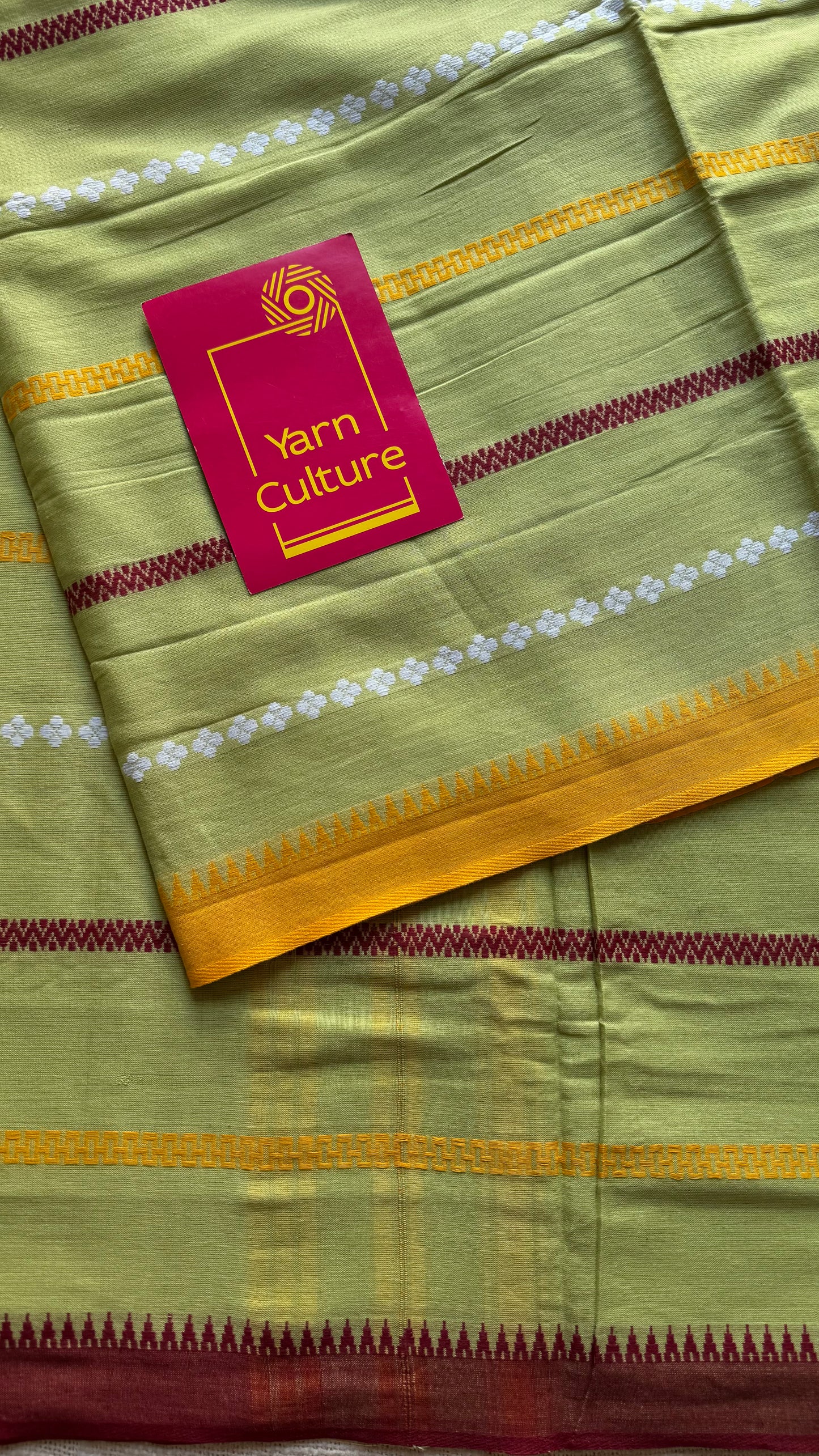 Dhonekhali handloom soft cotton saree, light green with maroon, yellow and white woven stripes - YCBCDFE264