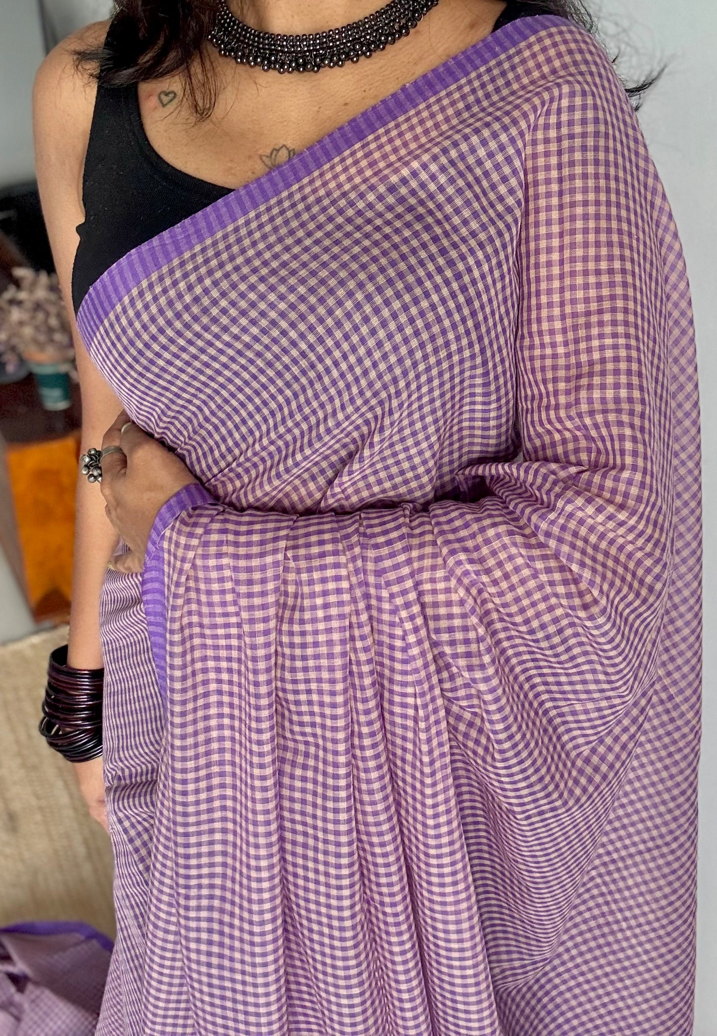 Purple and cream mul, micro checks - YCBCMCNO05