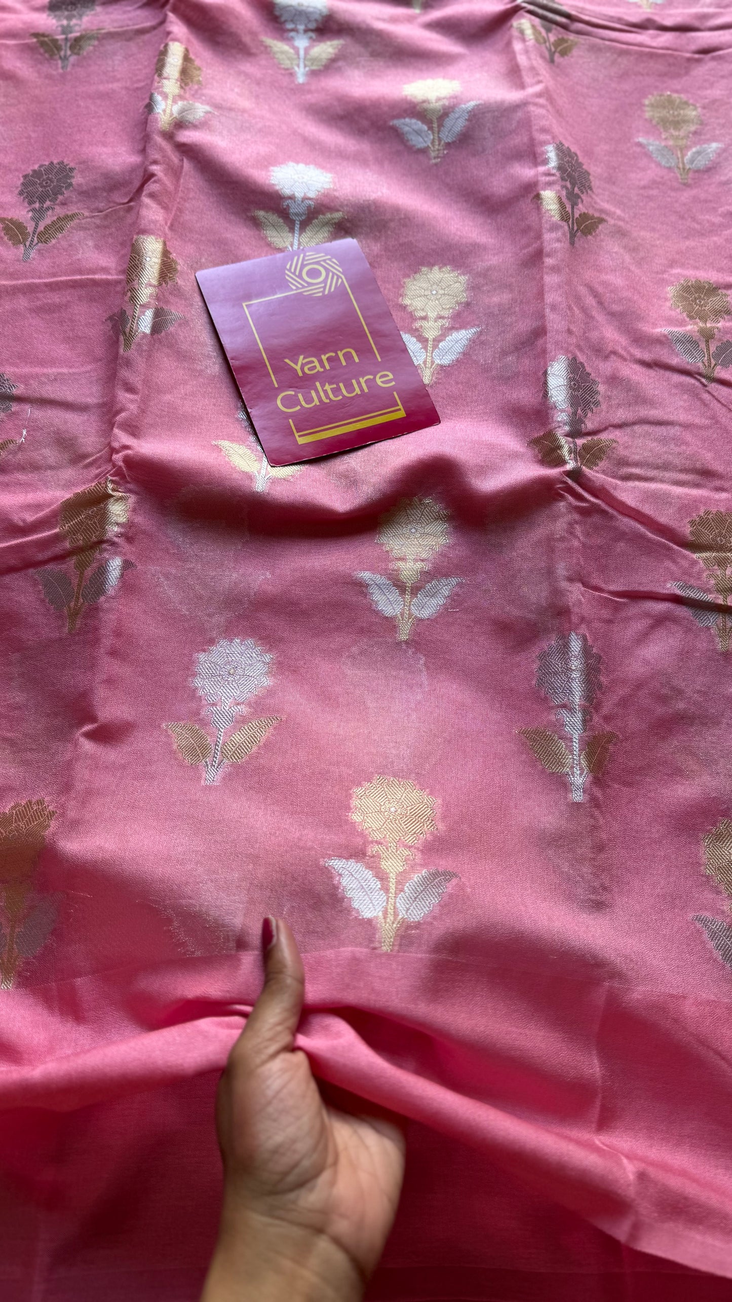 Pink with gold and silver floral buttas, Banarasi semi-crepe silk - YCDESE47