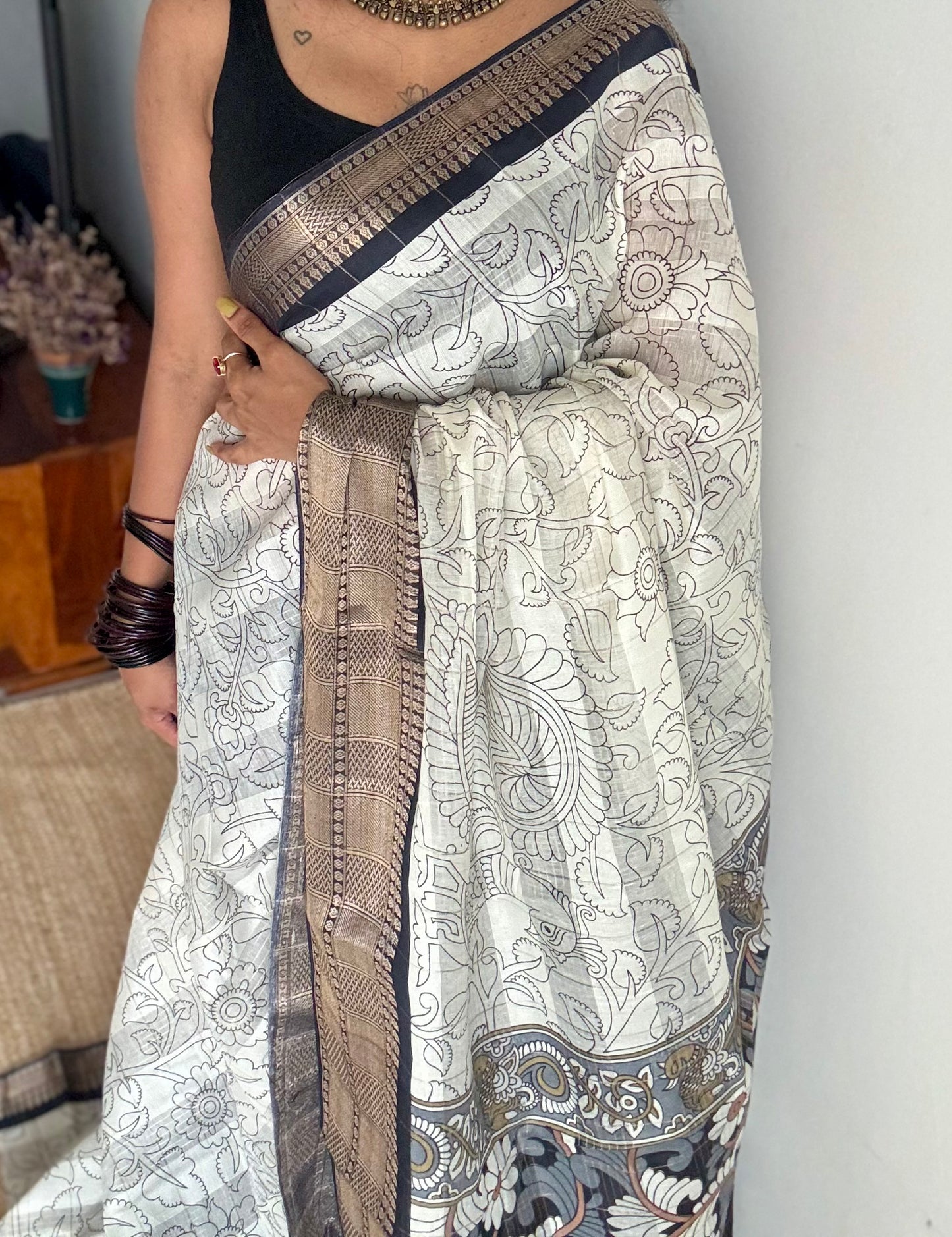 Off white and black, printed kalamkari, semi-tussar - YCWOTDSTK07
