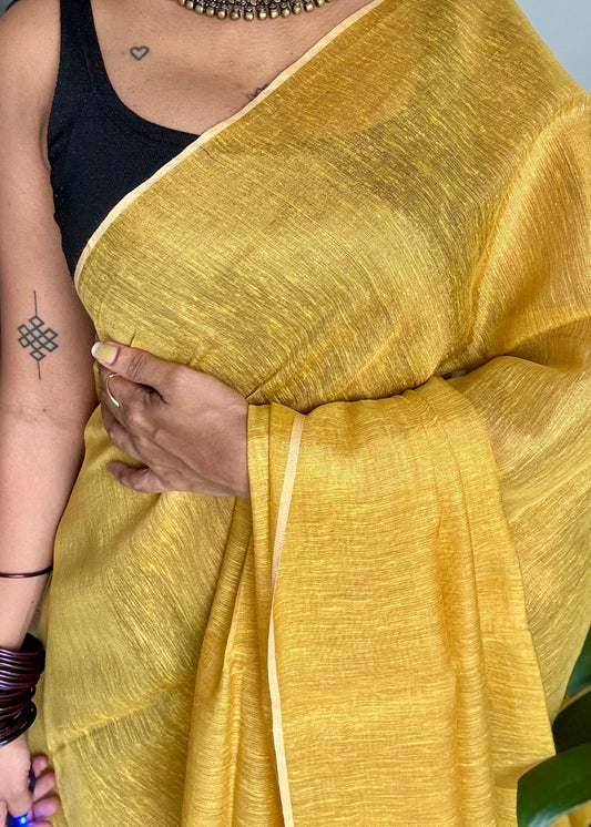 Yellow gold, dual tone metallic tissue linen saree - YCBCLTOC52