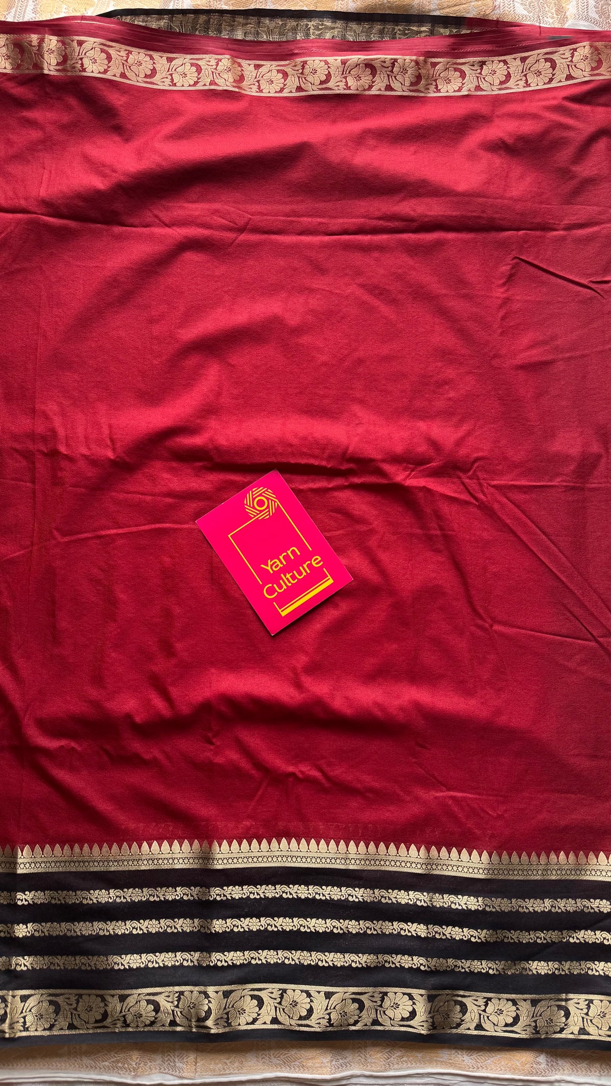 Maroon and black, semi crepe silk saree with antique gold border - YCLOKOC50