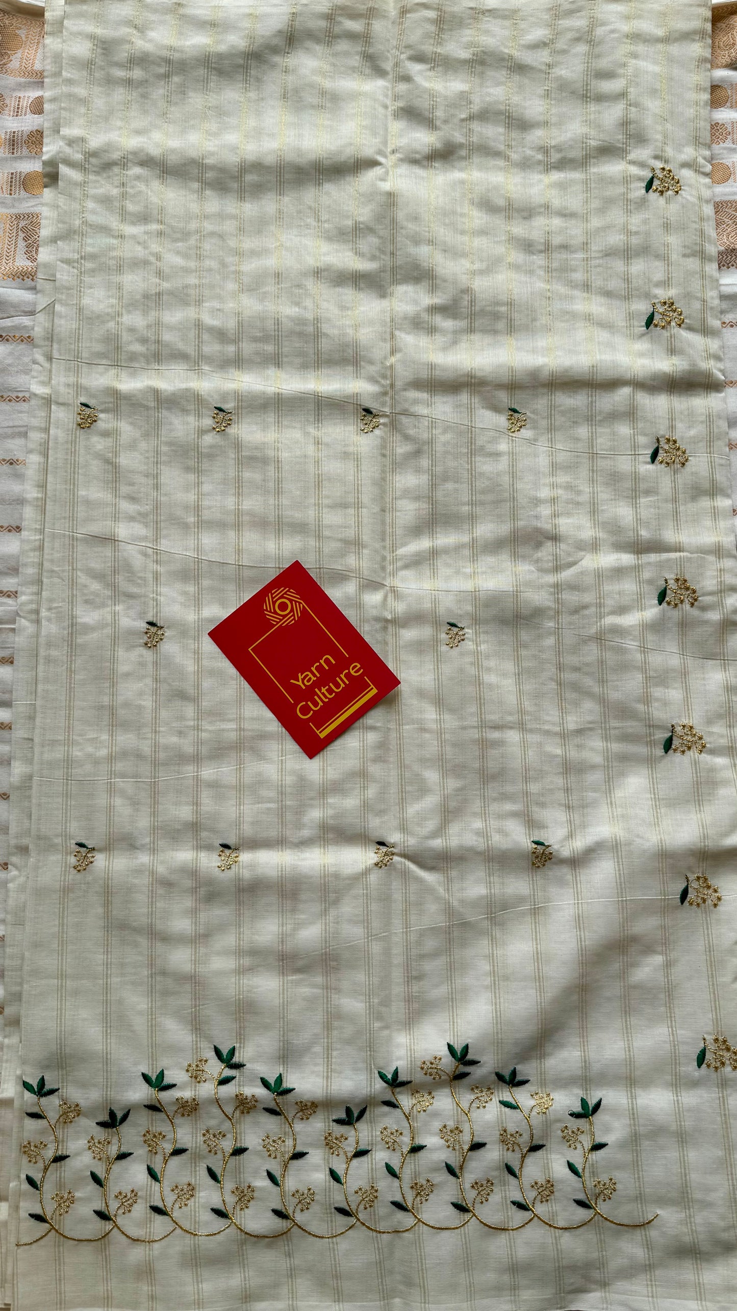 Ivory and gold soft cotton saree, dark green floral vine embroidery  - YCIEON57
