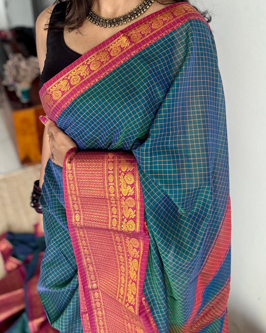Teal checks with zari border, premium narayanpet, soft cotton - YCWOTDOCNP03