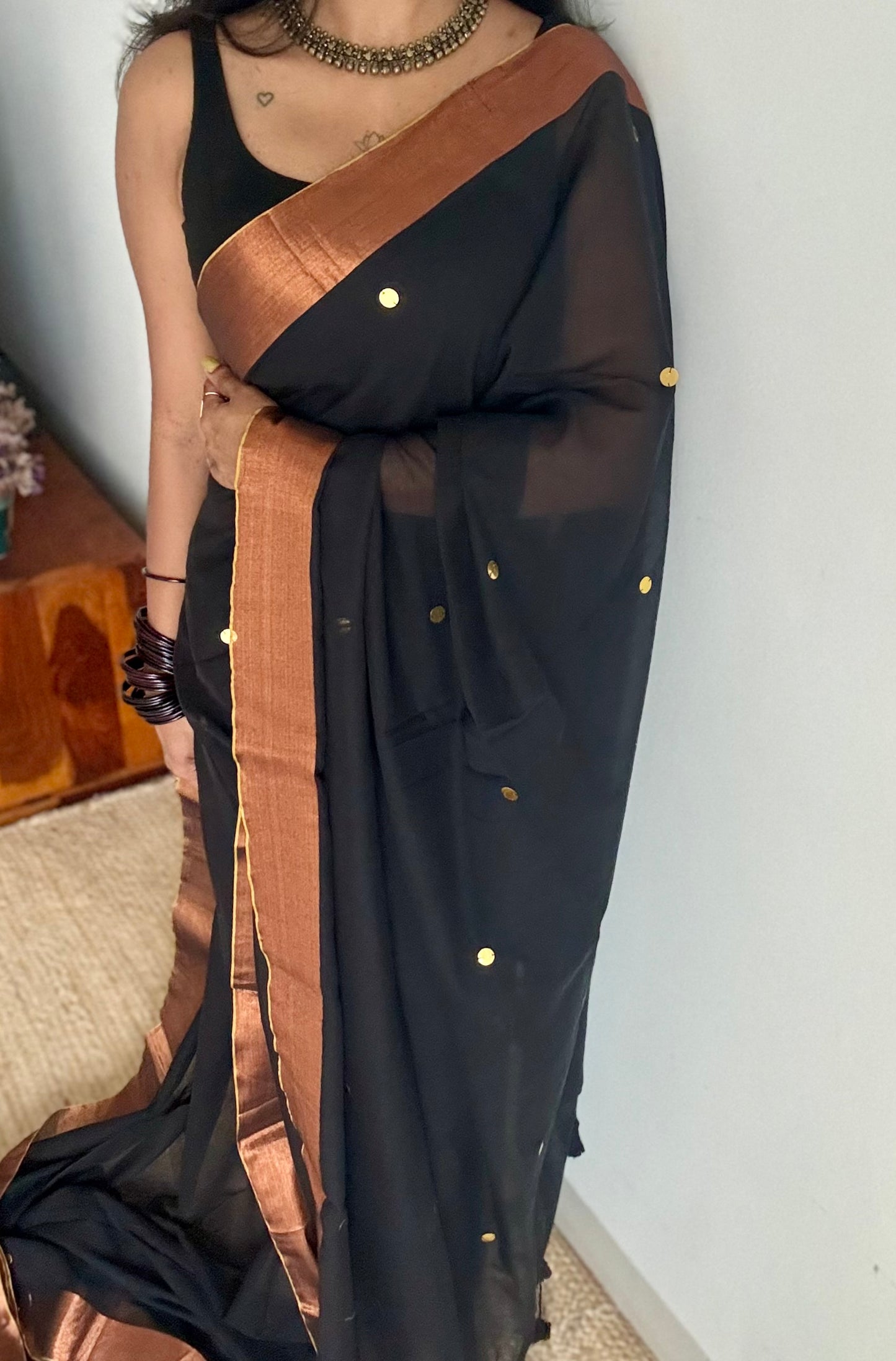 Black mul with gini sequins and copper zari border - YCBCMCLSE06