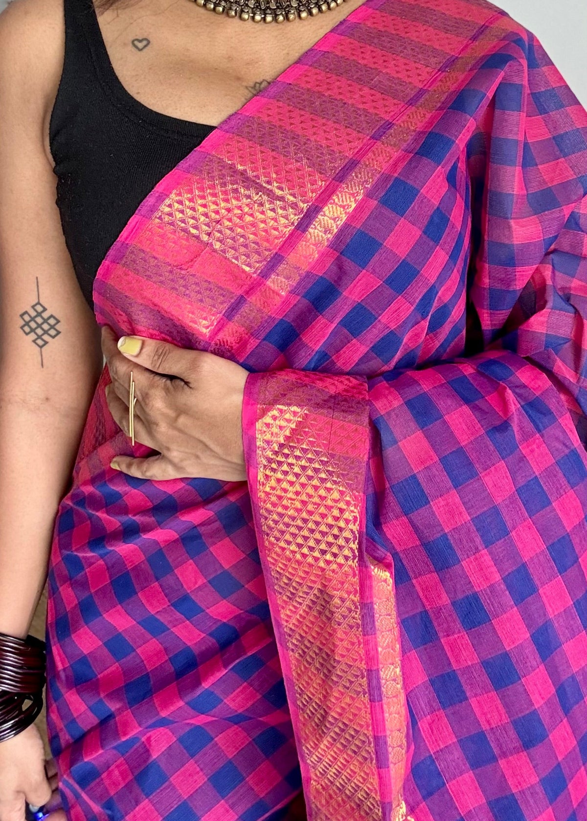 Chettinad cotton saree with purple pink and blue checks, zari motif border - YCCOTNCKSE45