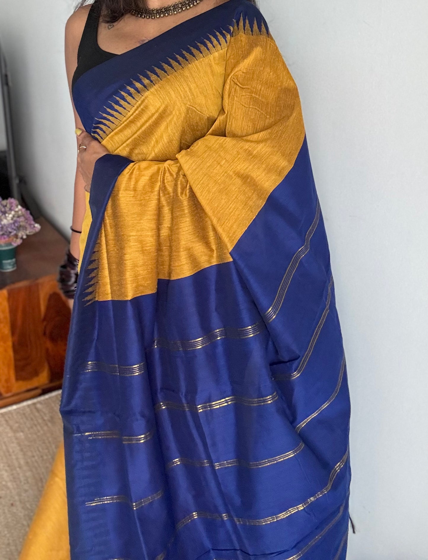 Turmeric yellow with blue contrast, temple border saree, cotton silk - YCCOTNTBFE57
