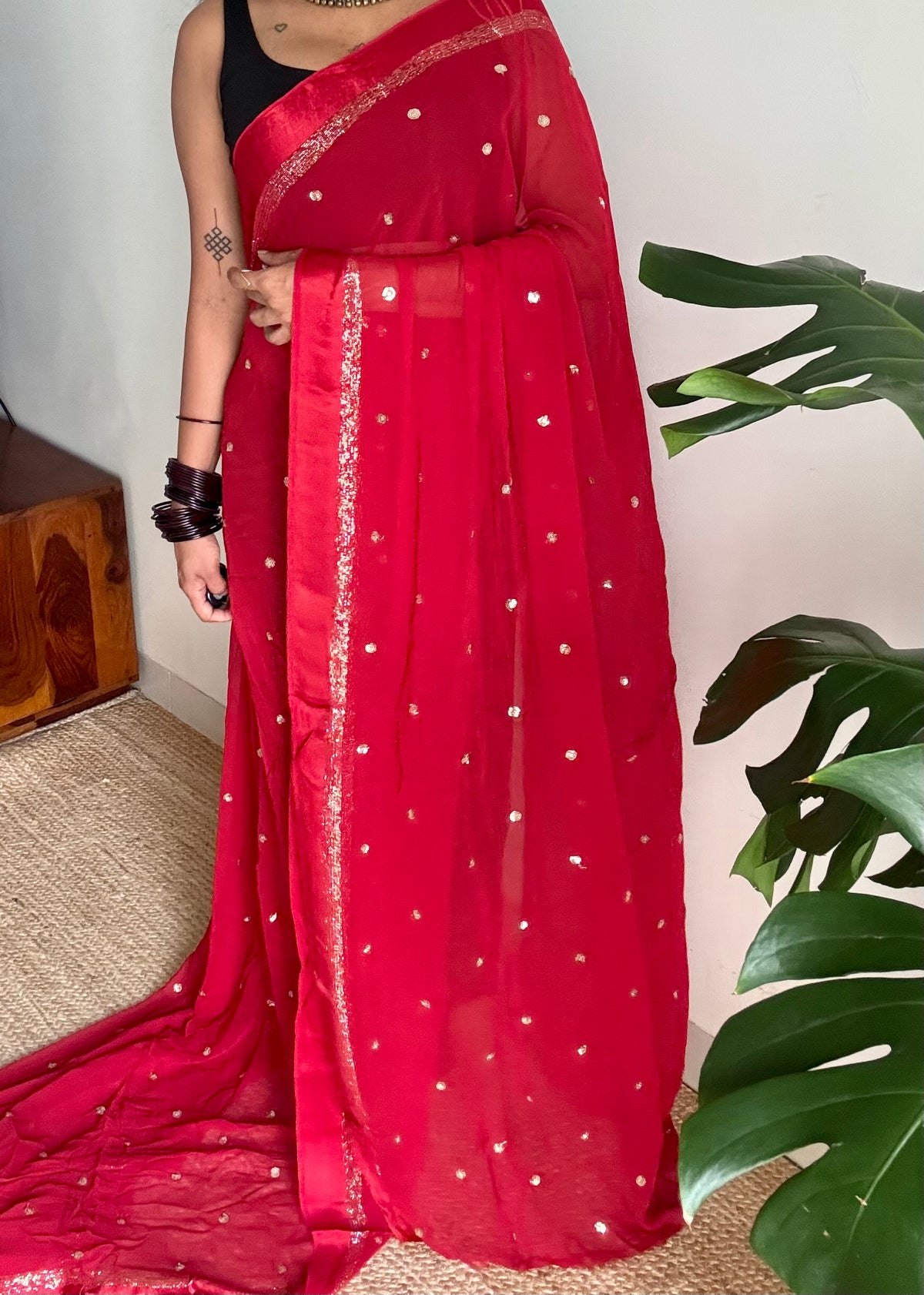 Red viscose georgette saree, gold buttas, satin border - YCDOSOC45