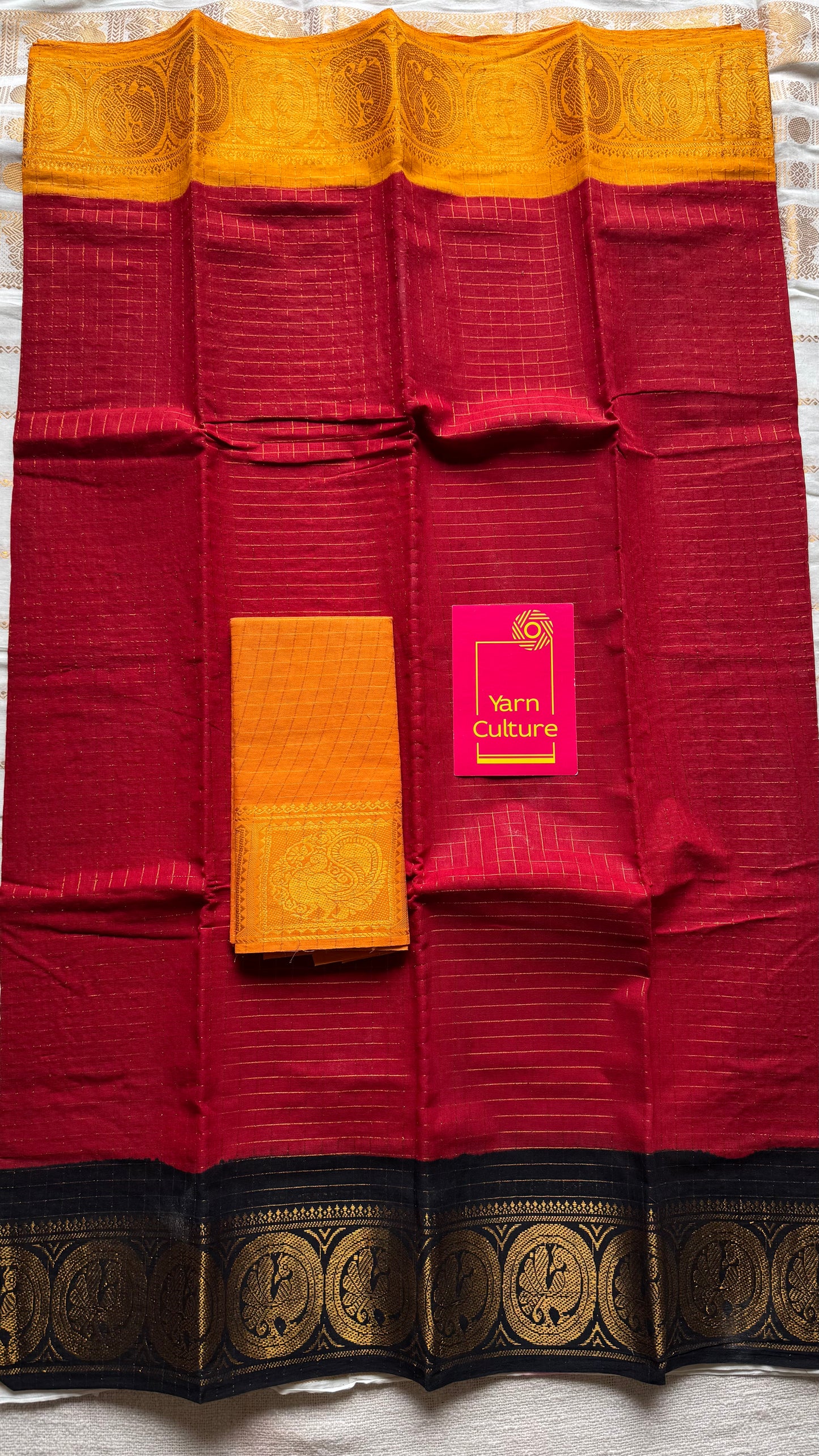 Sungudi cotton checks, red base, yellow and black dual tone border, soft cotton - YCCOTNMSJUL10