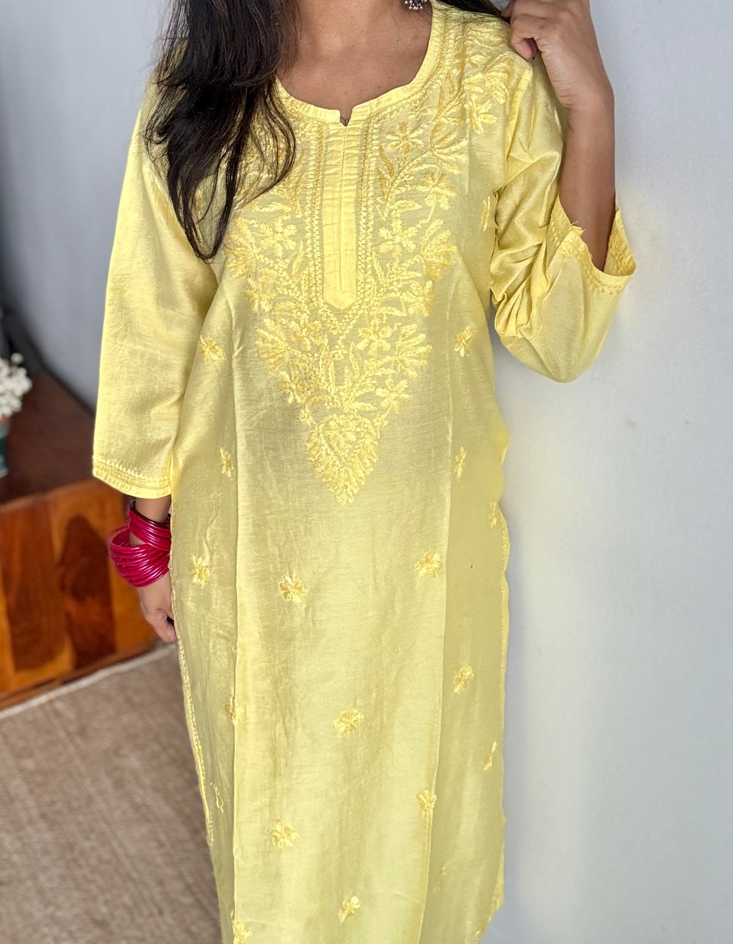 Light yellow chanderi chikankari with ghas patti work, stitched kurta, round neck, three fourth sleeves - YCSECK05