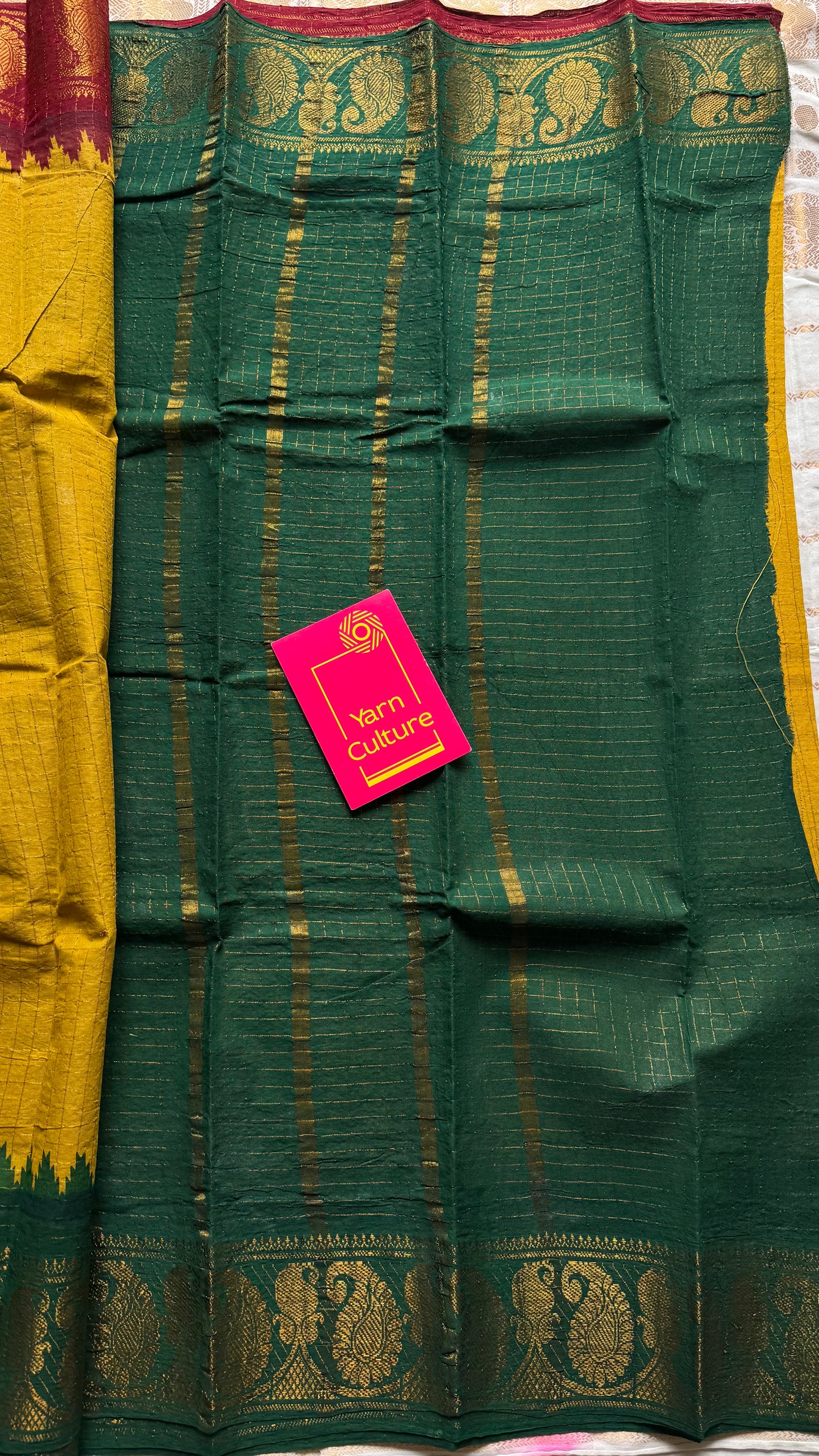 Sungudi cotton checks, mustard yellow base, maroon and dark green dual tone border, soft cotton - YCCOTNMSJUL11