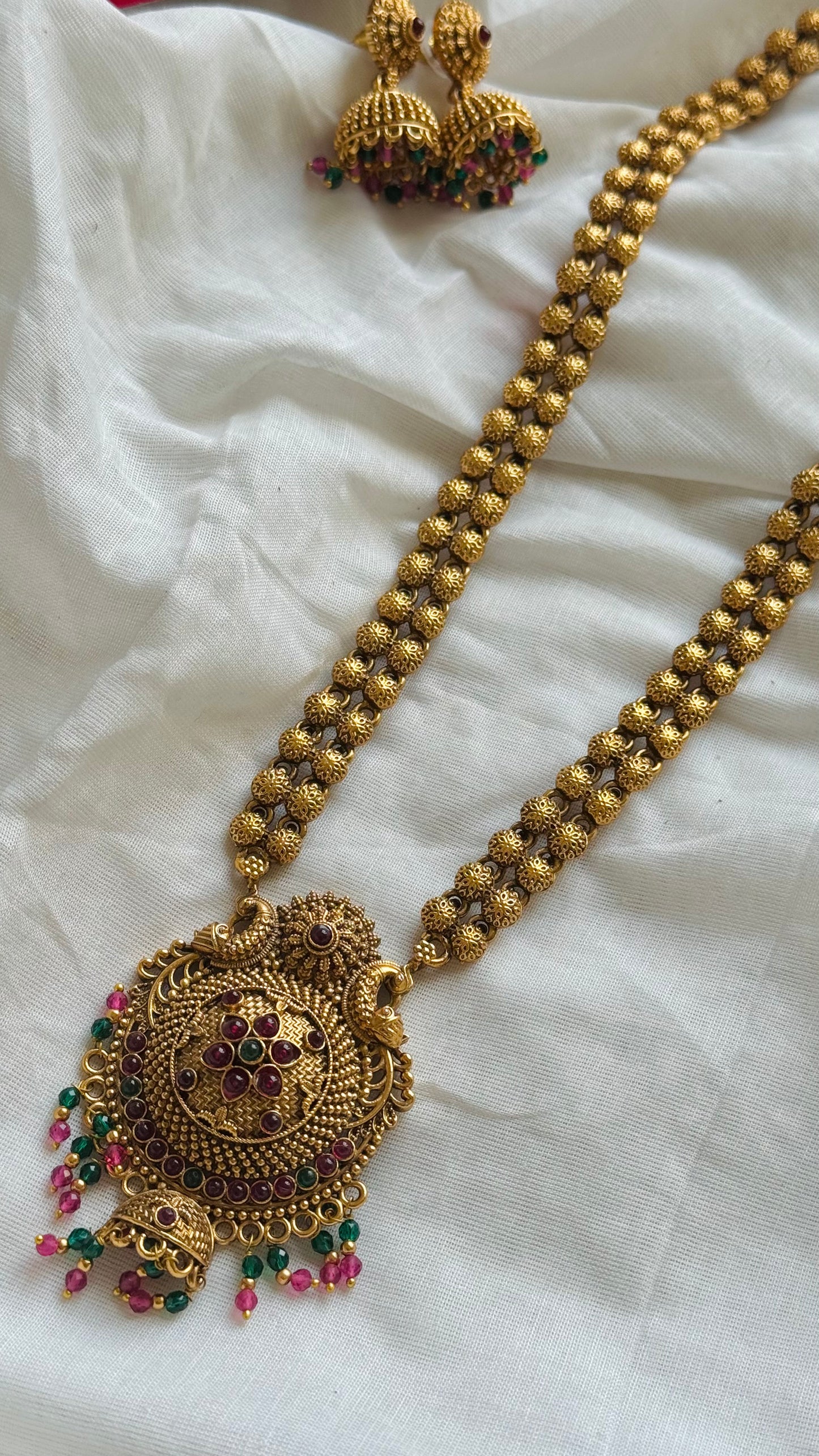 Long neckpiece with red stone pendant, green and red bead drops, statement piece, with earrings - YCGPNP726