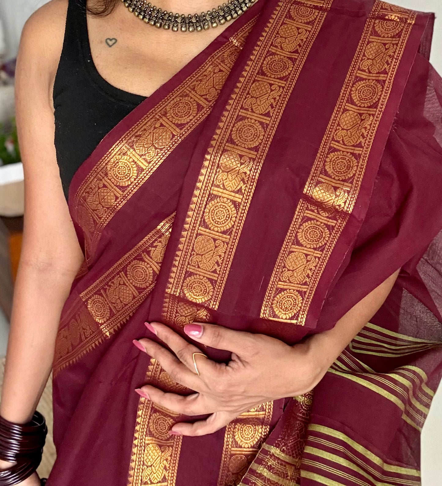 Kanchi cotton saree, dark maroon with rettaipet double zari border - YCCOTNAP90