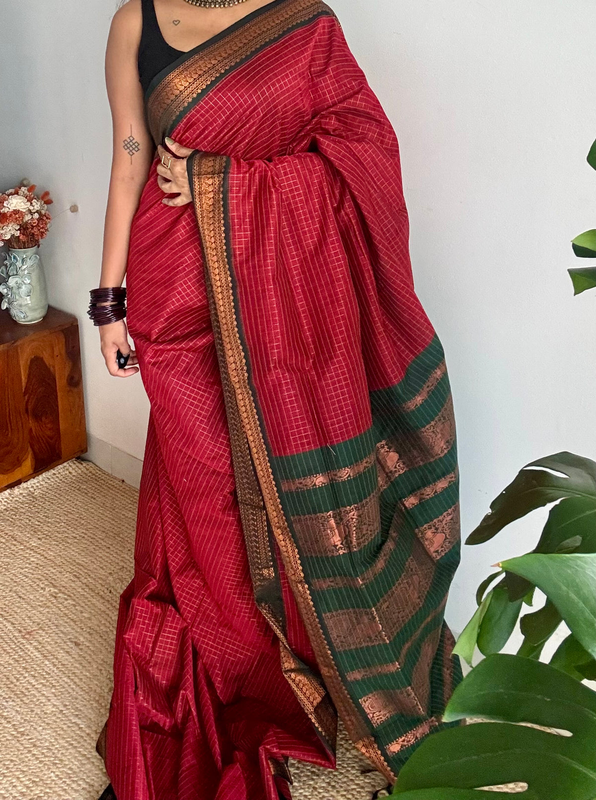 Dark red with green, zari checkered saree, cotton silk - YCCOTNKCOC100